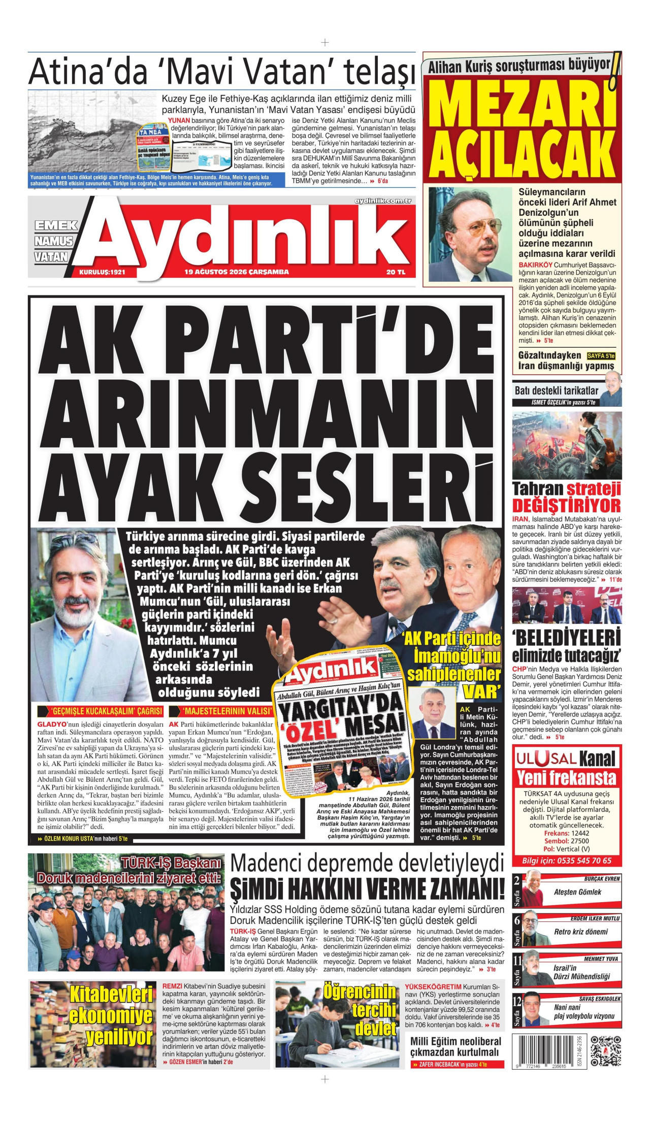 AYDINLIK GAZETESİ 19 Ağustos 2026 Gazete Manşeti Büyük