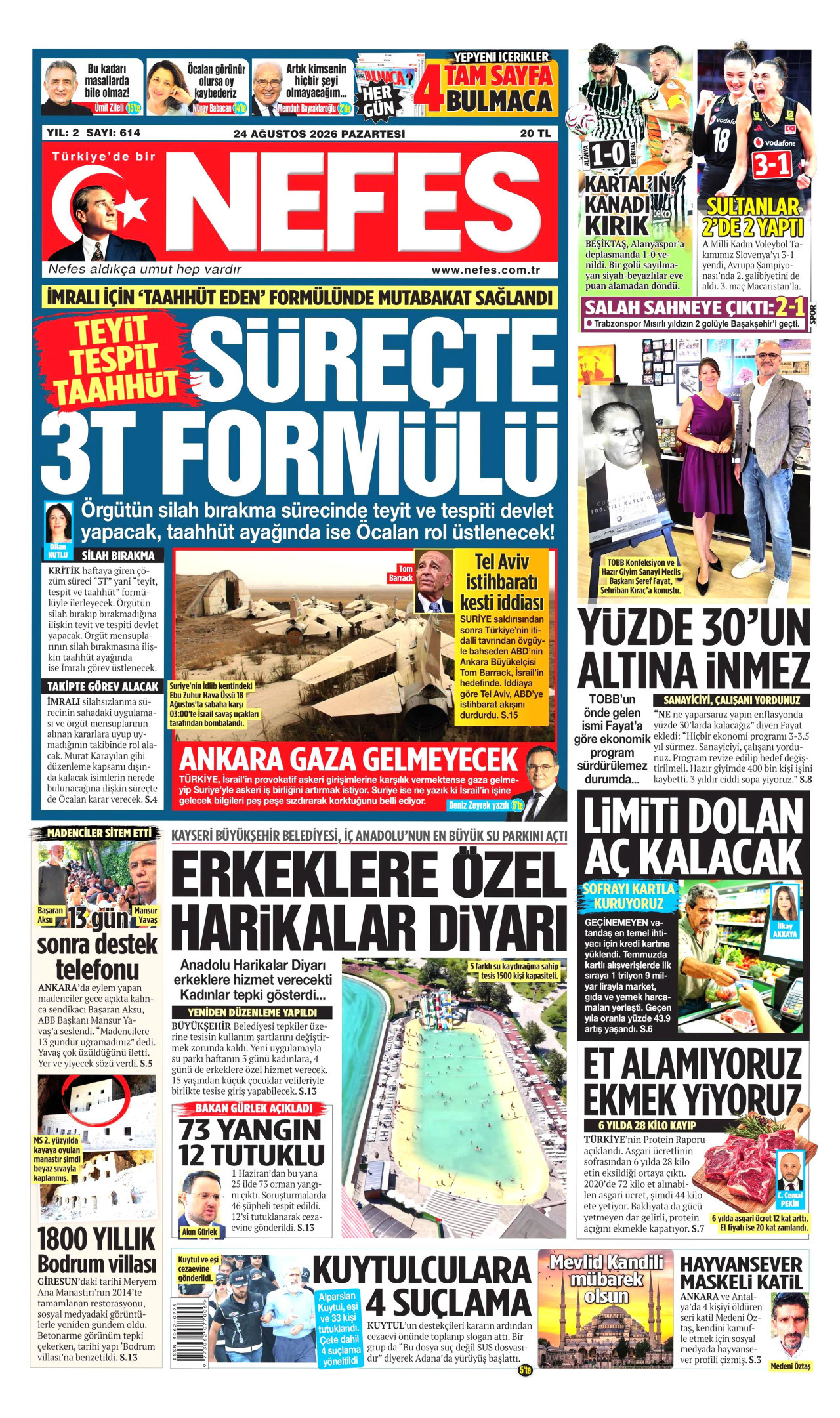 NEFES gazetesinin 24 Ağustos 2026 tarihli birinci sayfası
