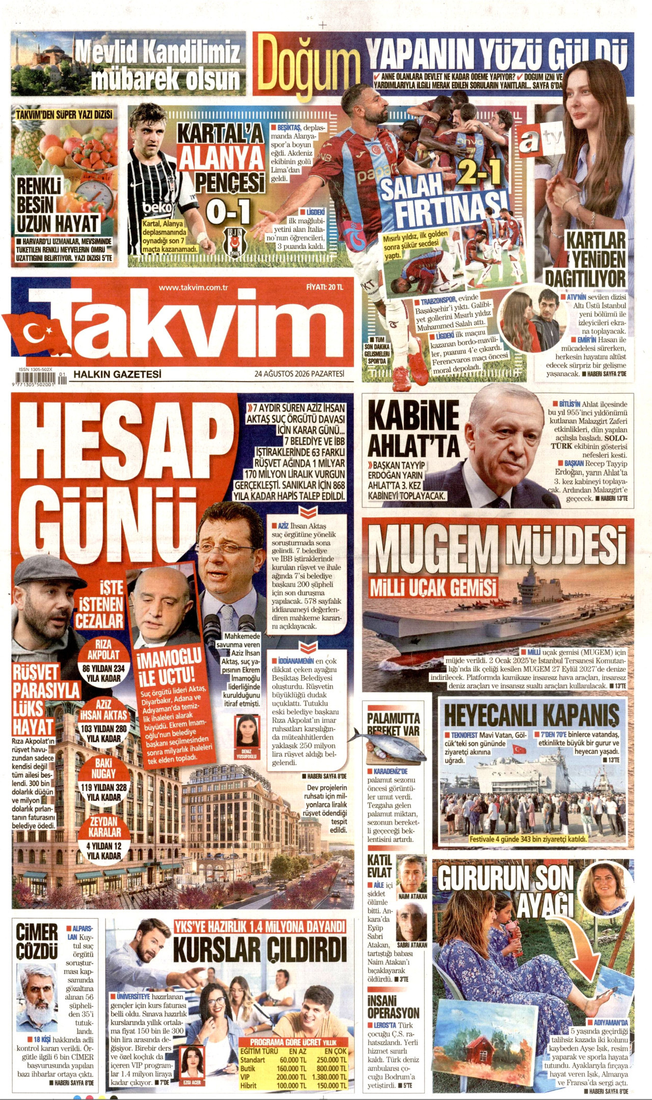 TAKVİM gazetesinin 24 Ağustos 2026 tarihli birinci sayfası