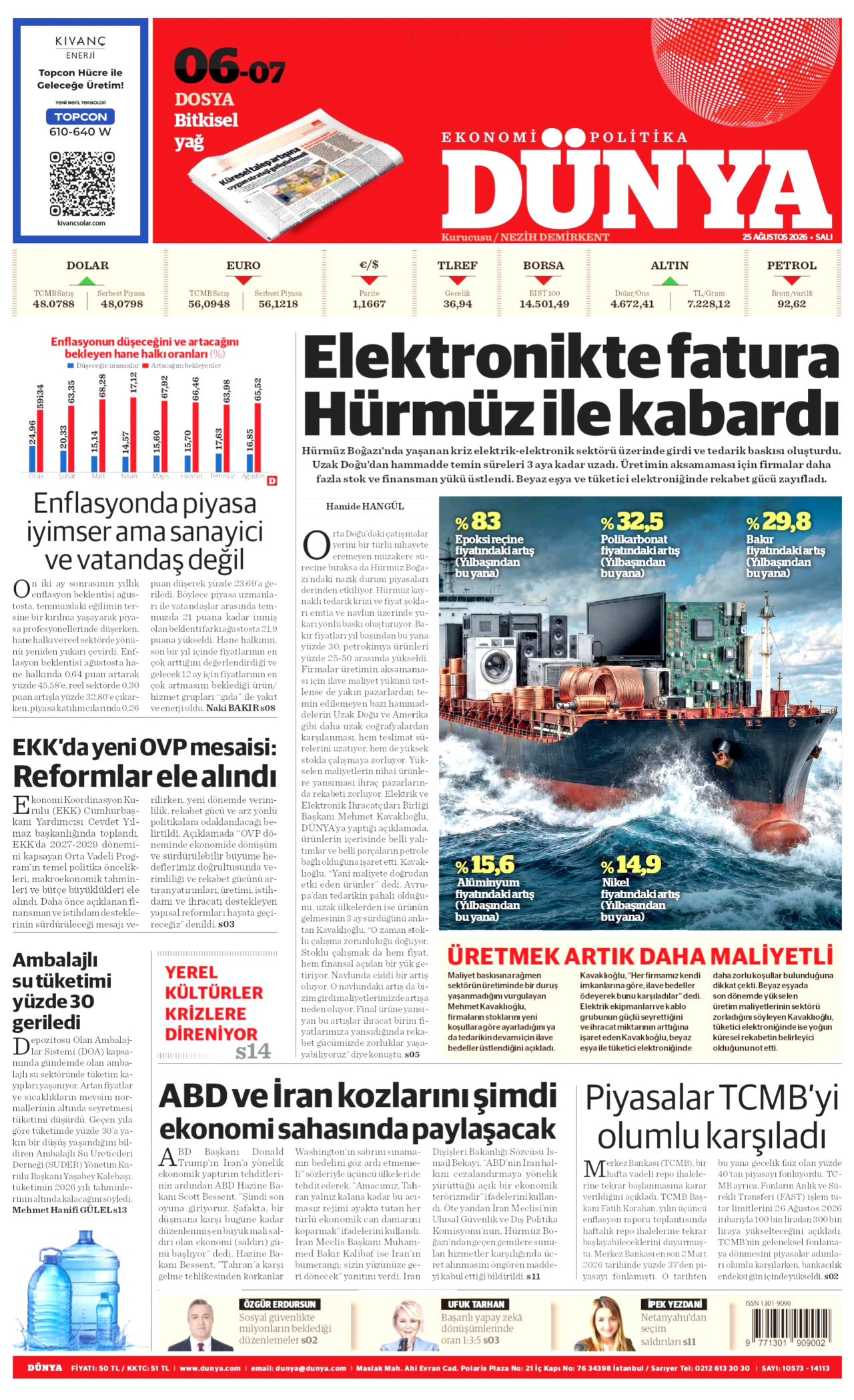 DÜNYA gazetesinin 25 Ağustos 2026 tarihli birinci sayfası