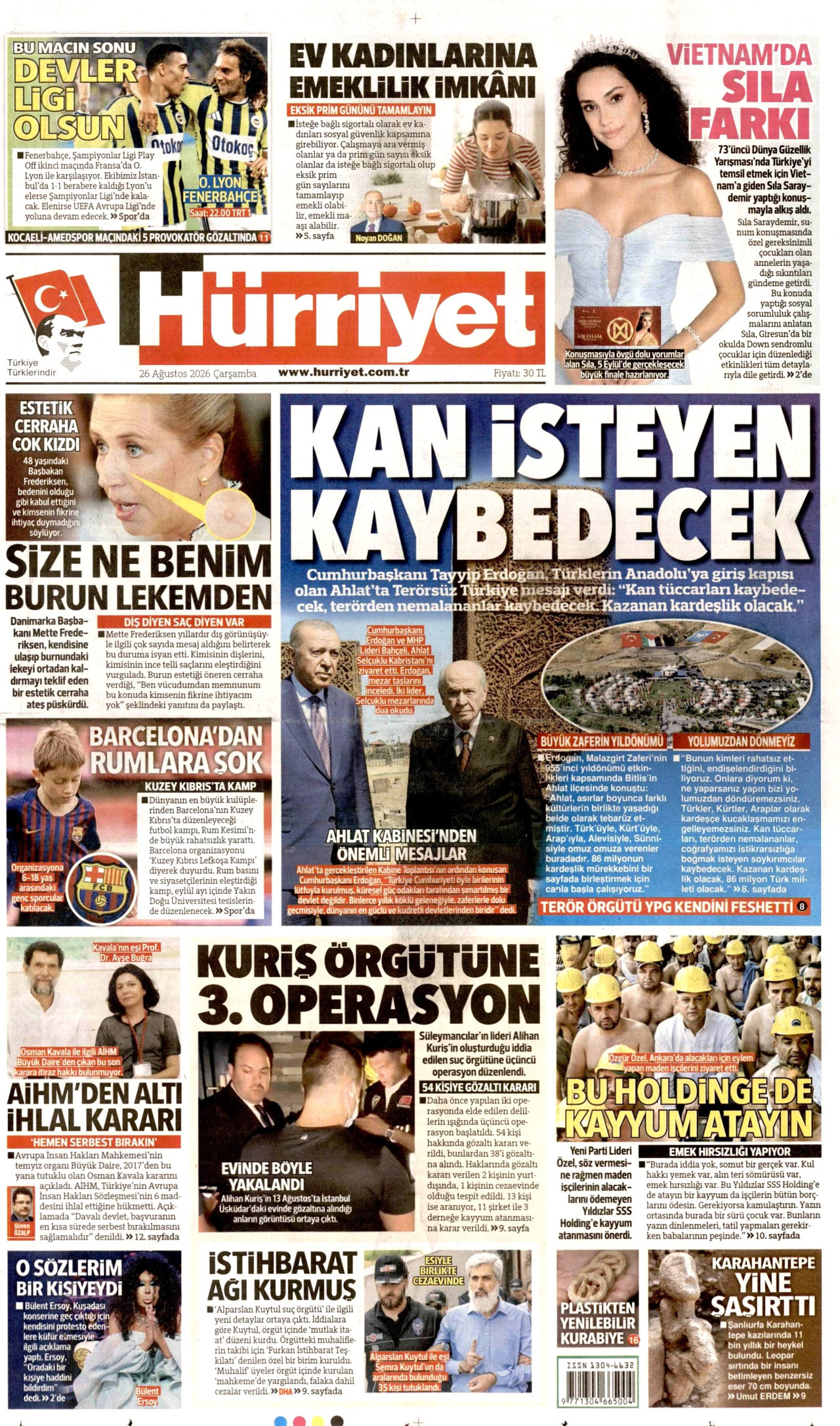 HÜRRİYET gazetesinin 26 Ağustos 2026 tarihli birinci sayfası