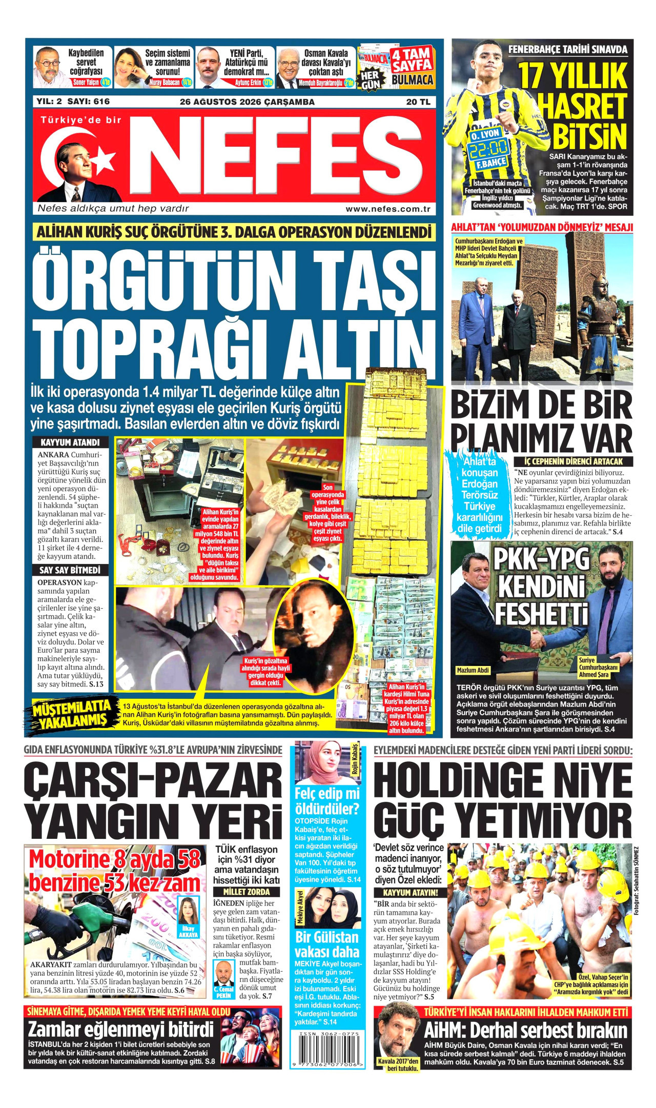 NEFES gazetesinin 26 Ağustos 2026 tarihli birinci sayfası