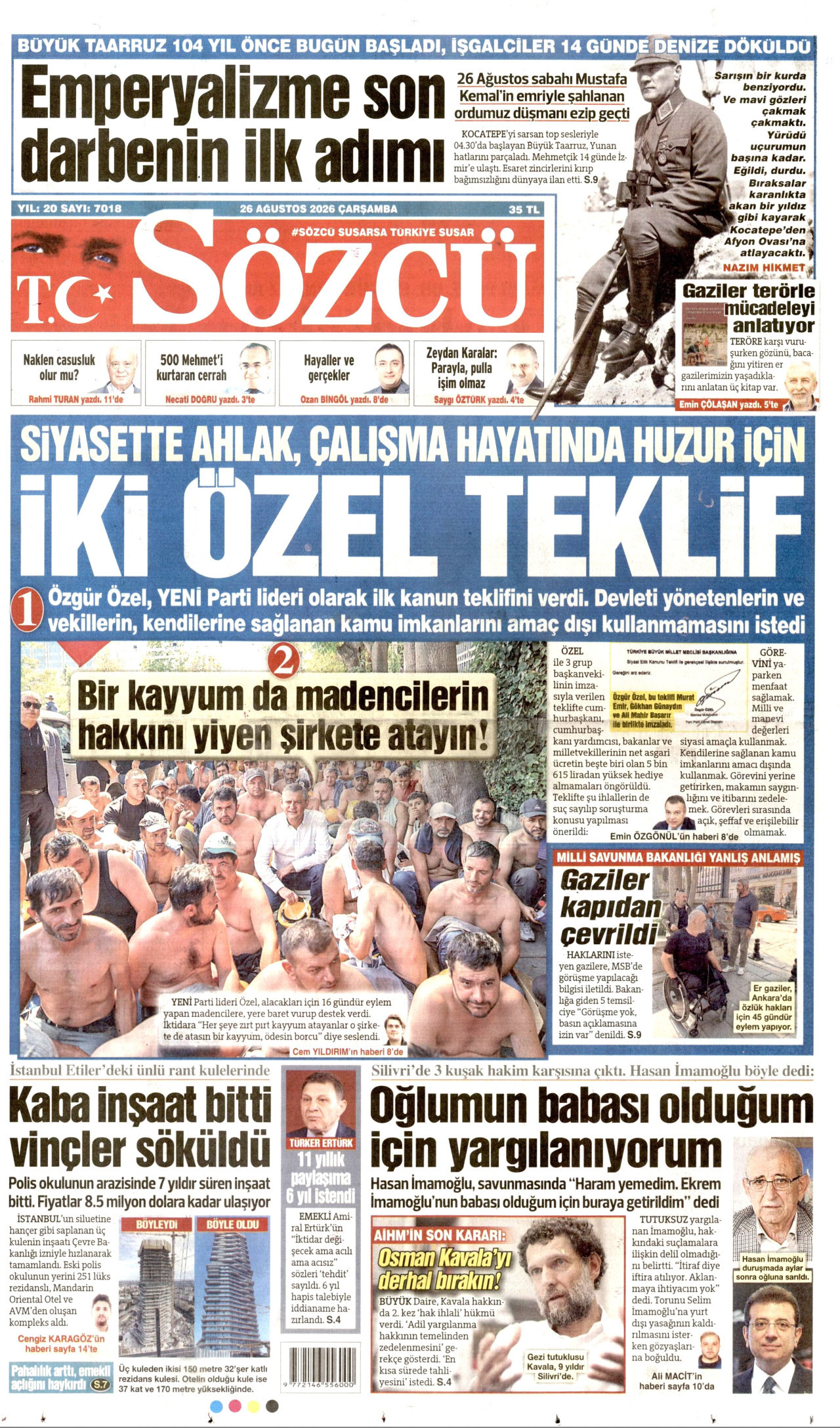 SÖZCÜ gazetesinin 26 Ağustos 2026 tarihli birinci sayfası