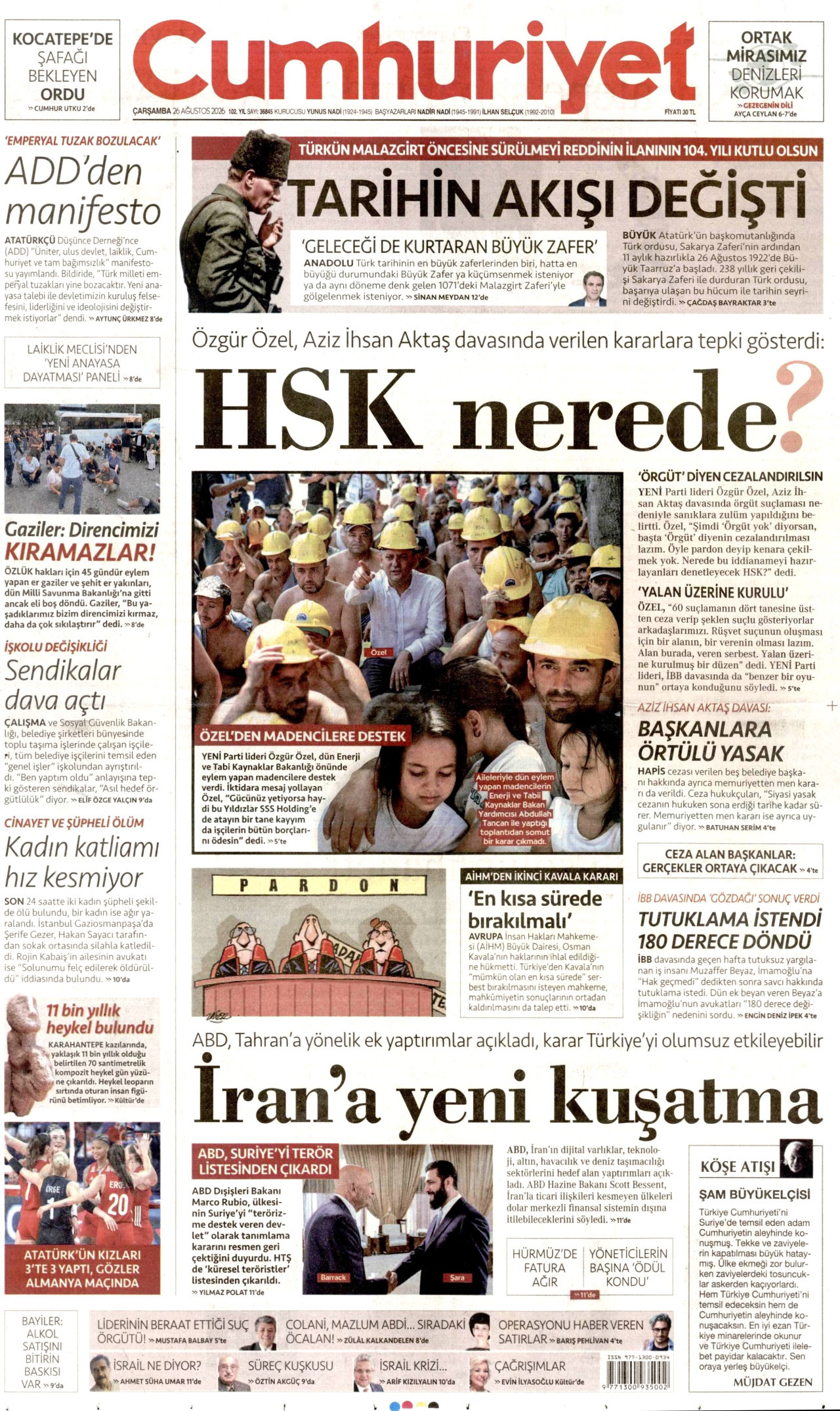 CUMHURİYET gazetesinin 26 Ağustos 2026 tarihli birinci sayfası