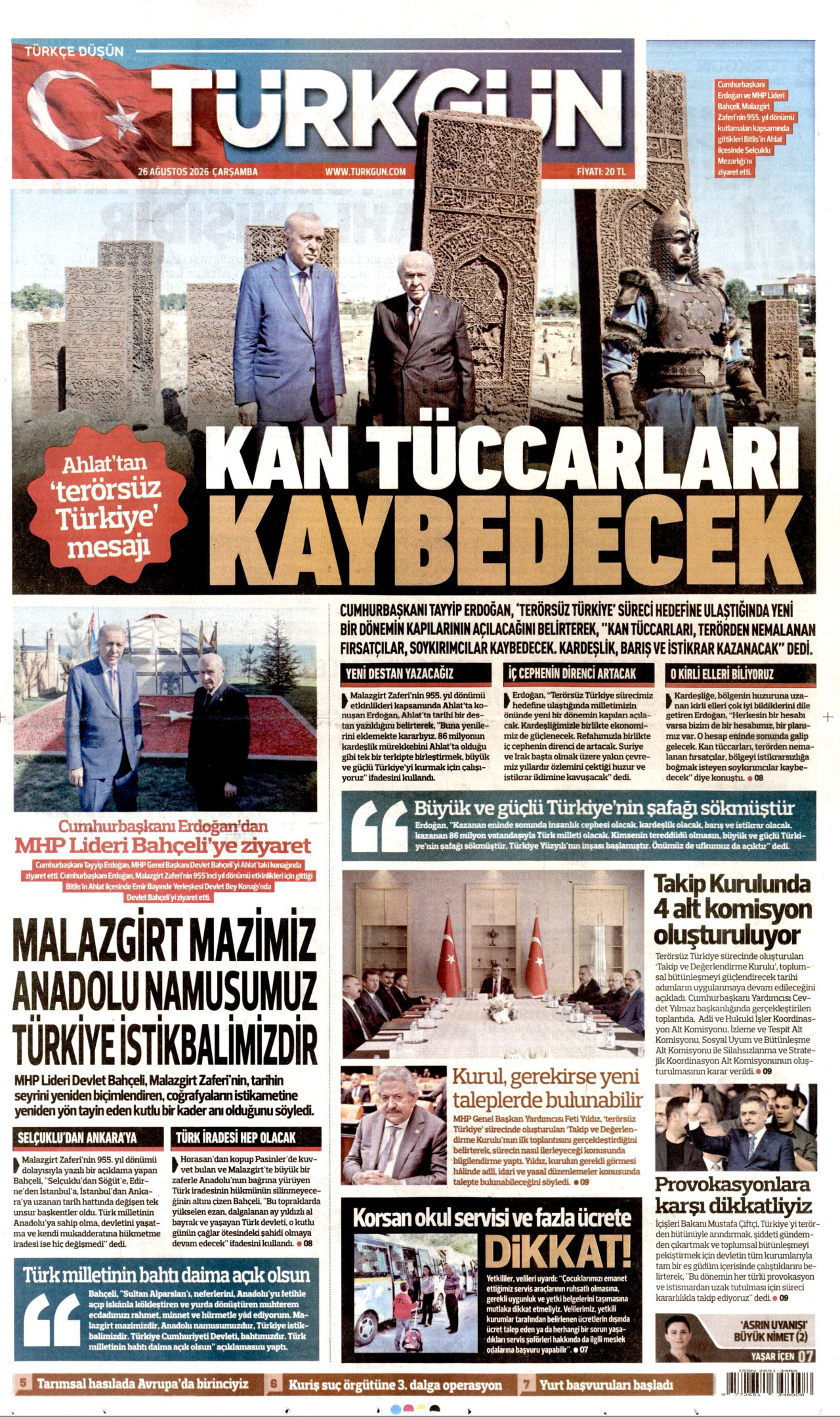 TÜRKGÜN gazetesinin 26 Ağustos 2026 tarihli birinci sayfası