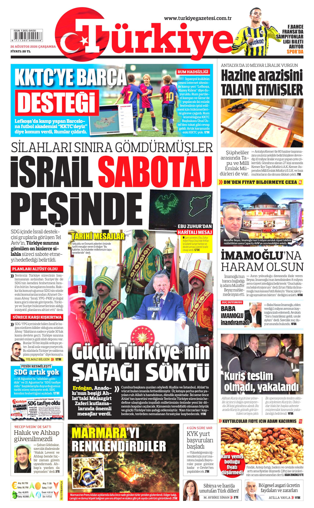 TÜRKİYE GAZETESİ gazetesinin 26 Ağustos 2026 tarihli birinci sayfası