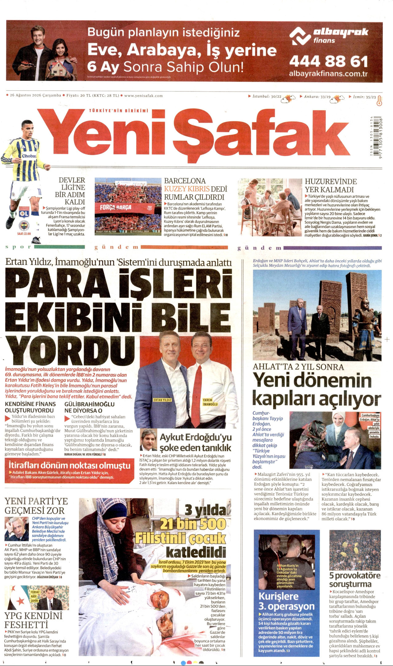 YENİ ŞAFAK gazetesinin 26 Ağustos 2026 tarihli birinci sayfası