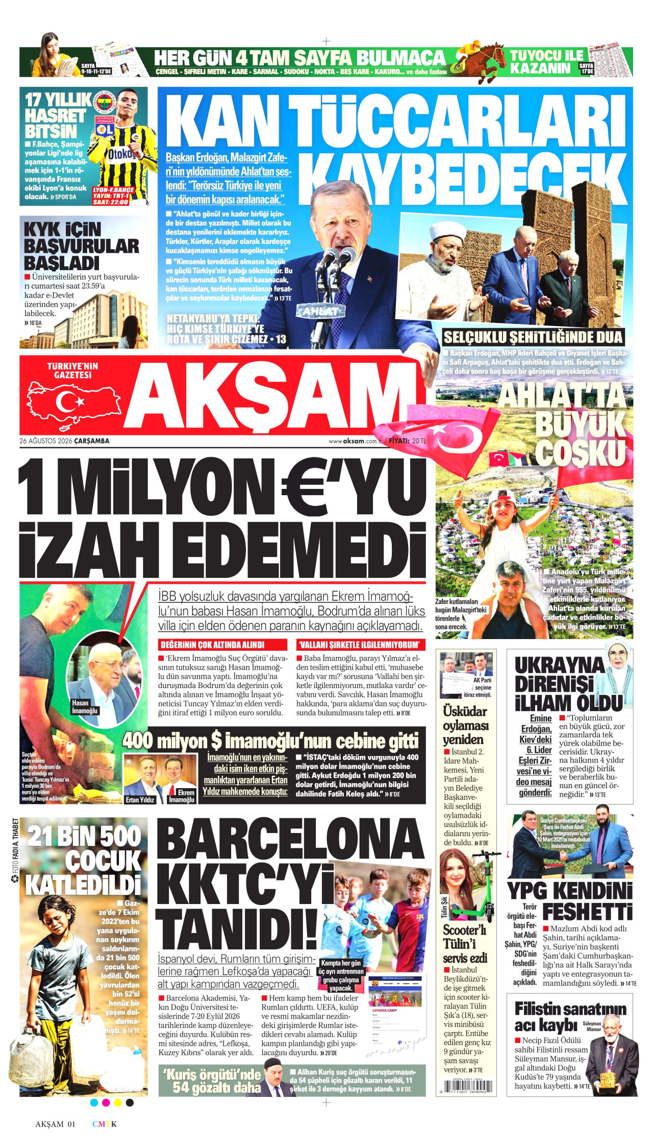 AKŞAM gazetesinin 26 Ağustos 2026 tarihli birinci sayfası