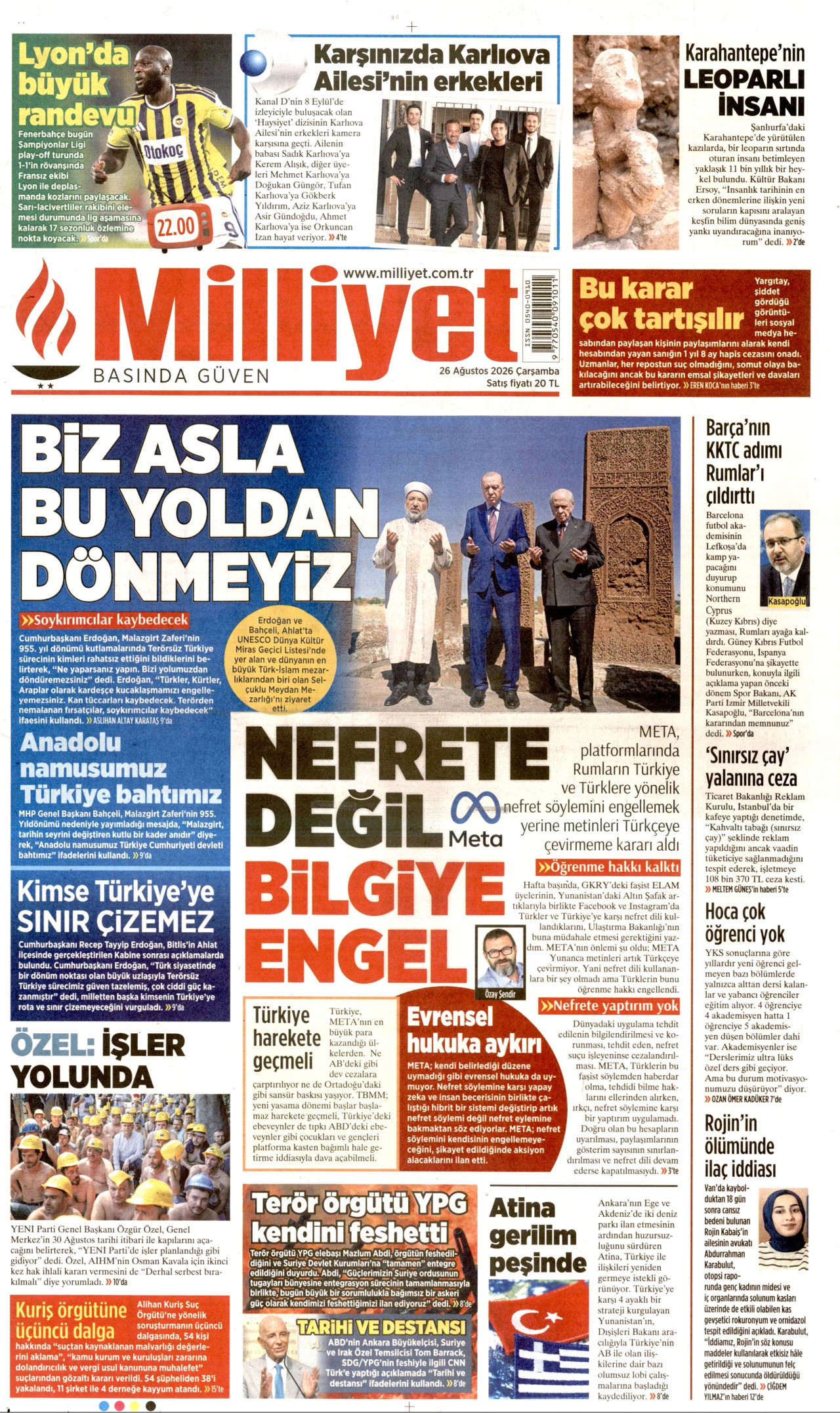 MİLLİYET gazetesinin 26 Ağustos 2026 tarihli birinci sayfası