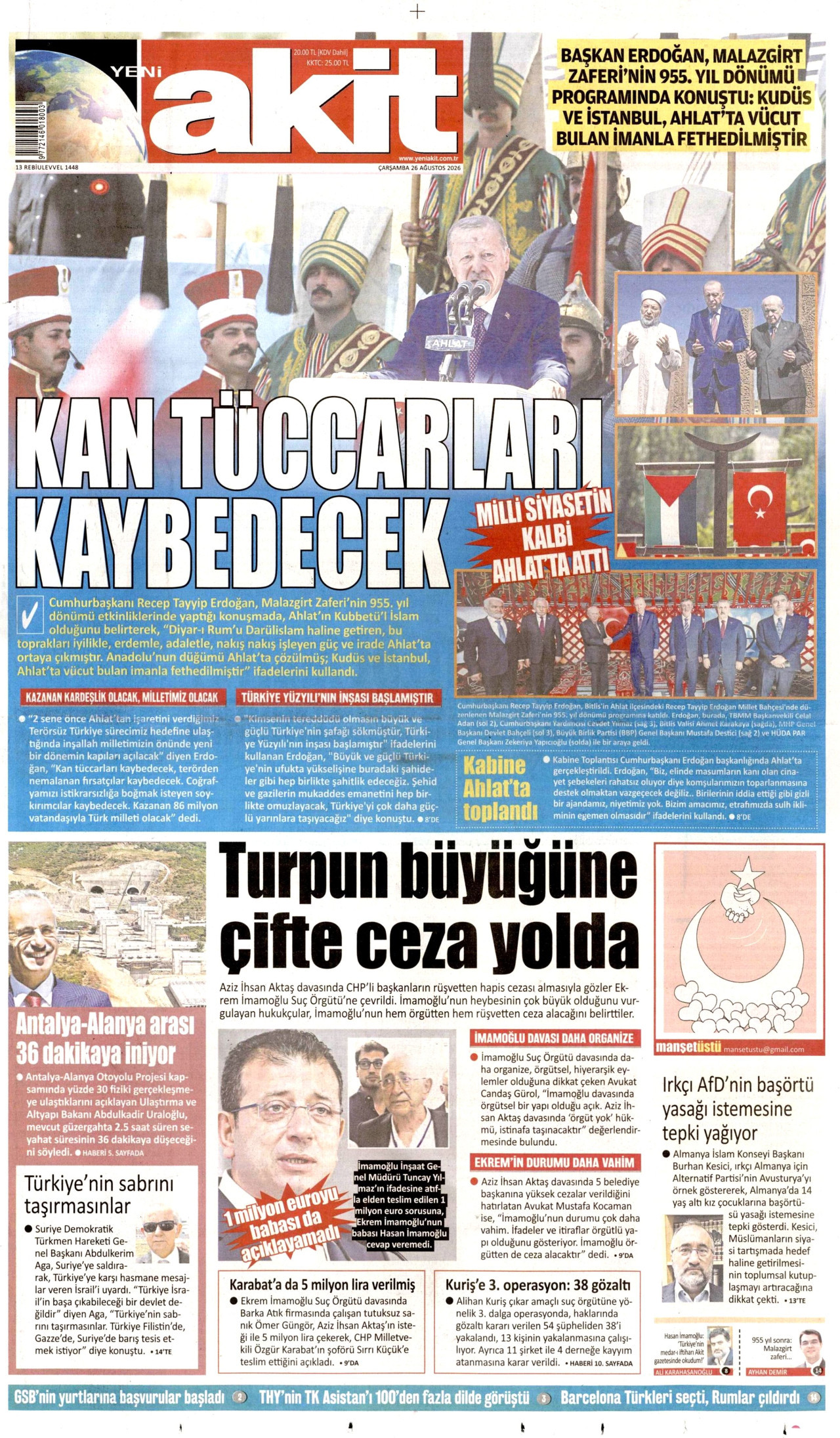 YENİ AKİT gazetesinin 26 Ağustos 2026 tarihli birinci sayfası