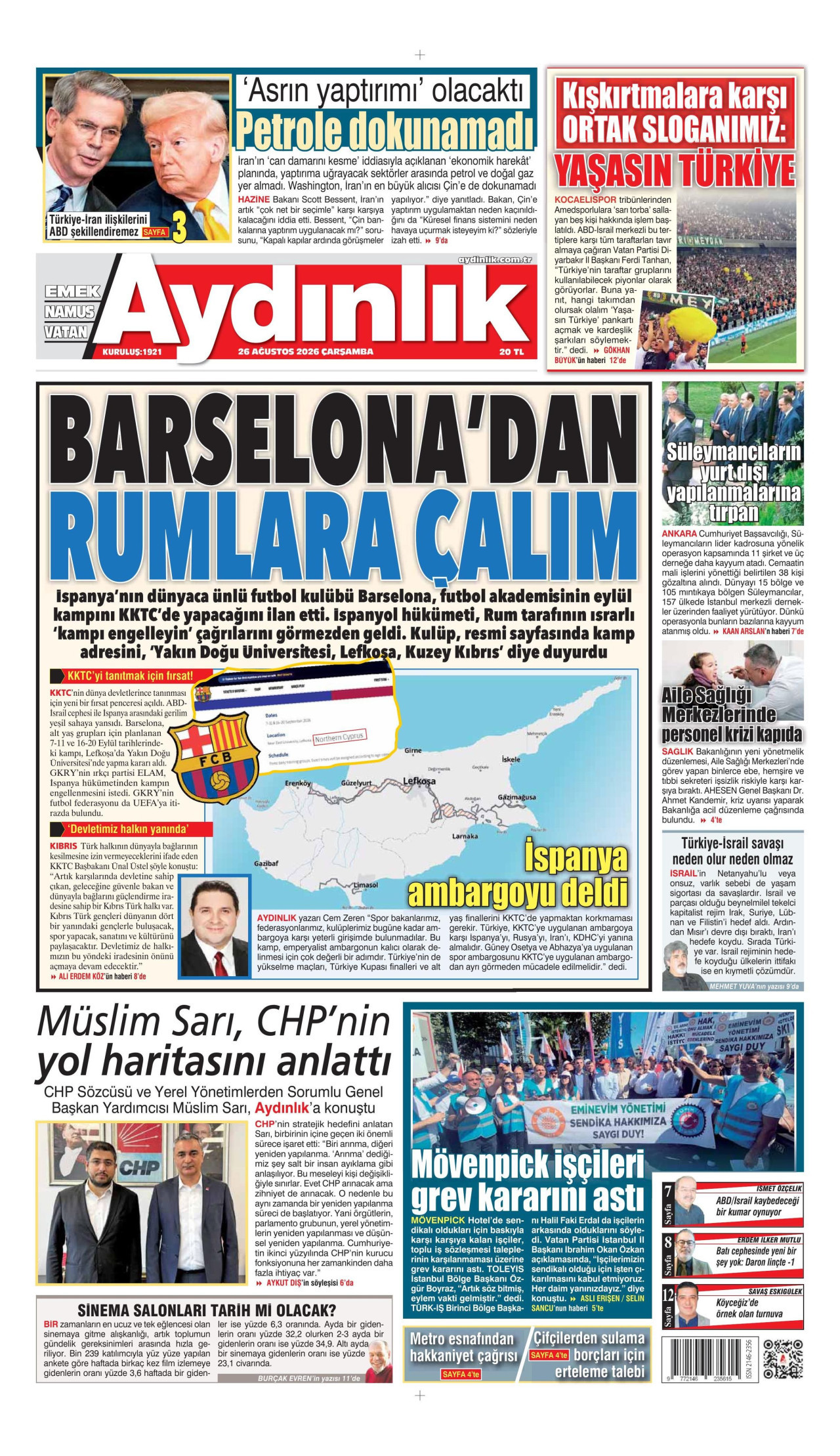 AYDINLIK GAZETESİ gazetesinin 26 Ağustos 2026 tarihli birinci sayfası