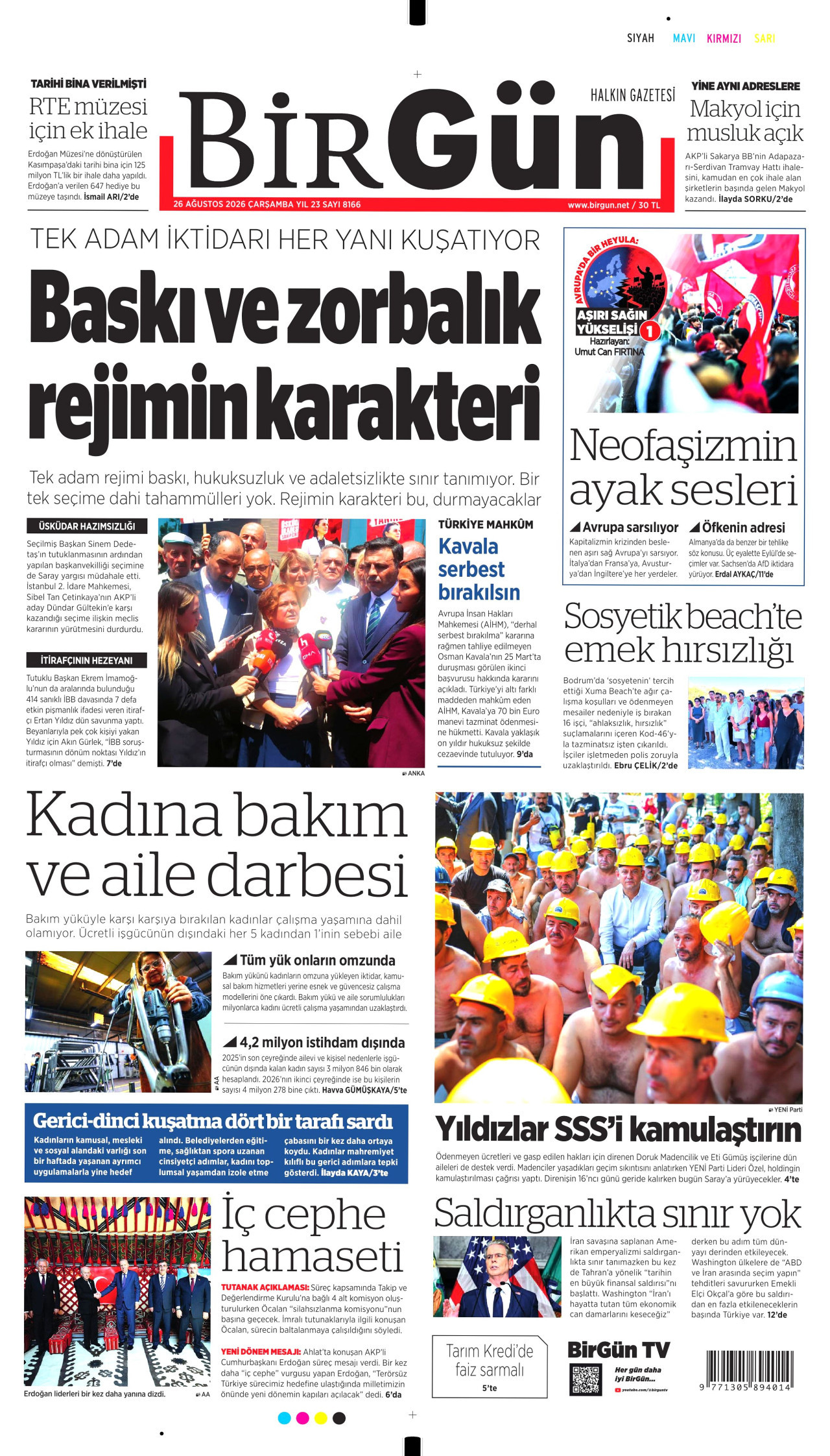 BİRGÜN gazetesinin 26 Ağustos 2026 tarihli birinci sayfası