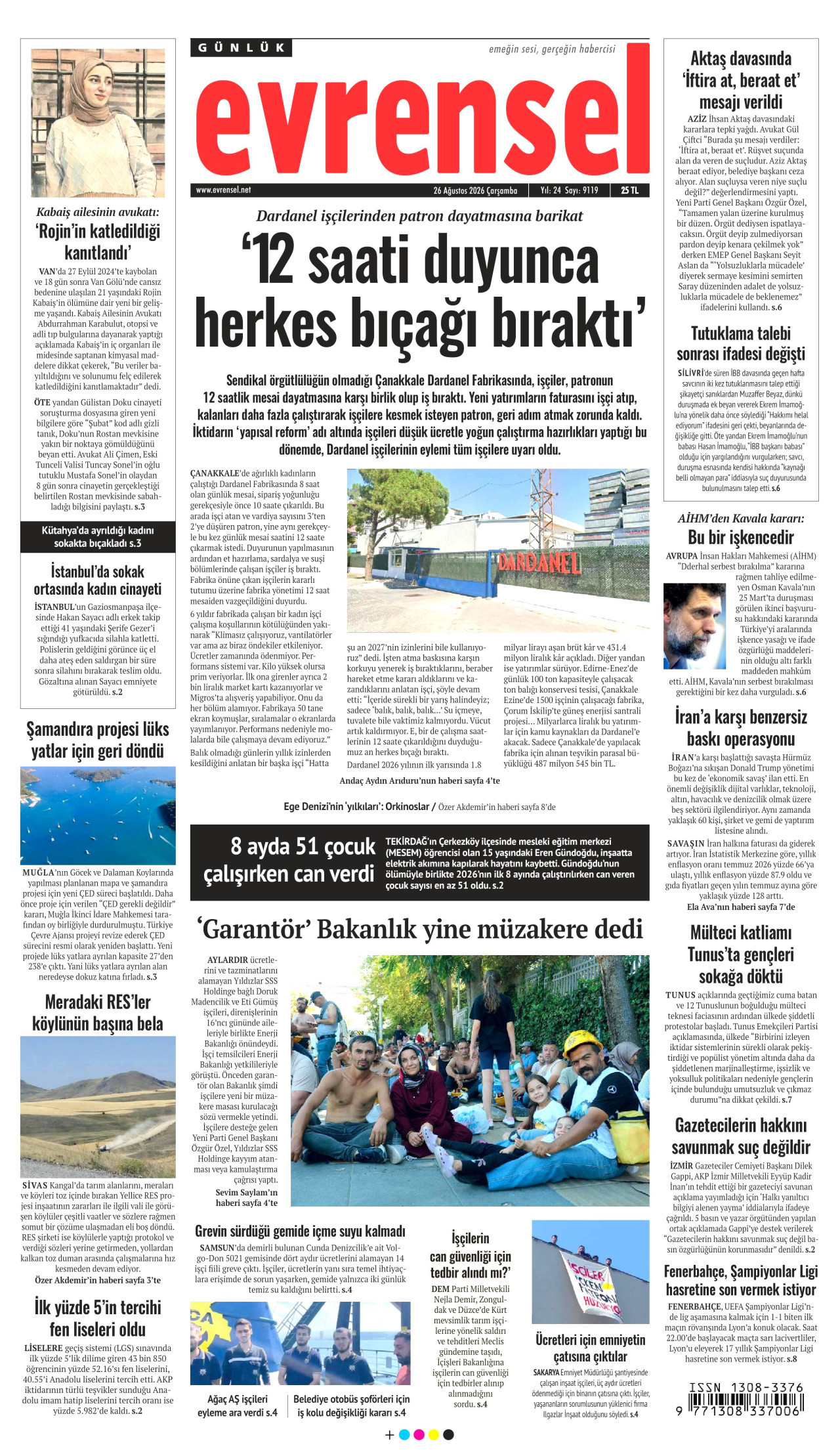 EVRENSEL gazetesinin 26 Ağustos 2026 tarihli birinci sayfası