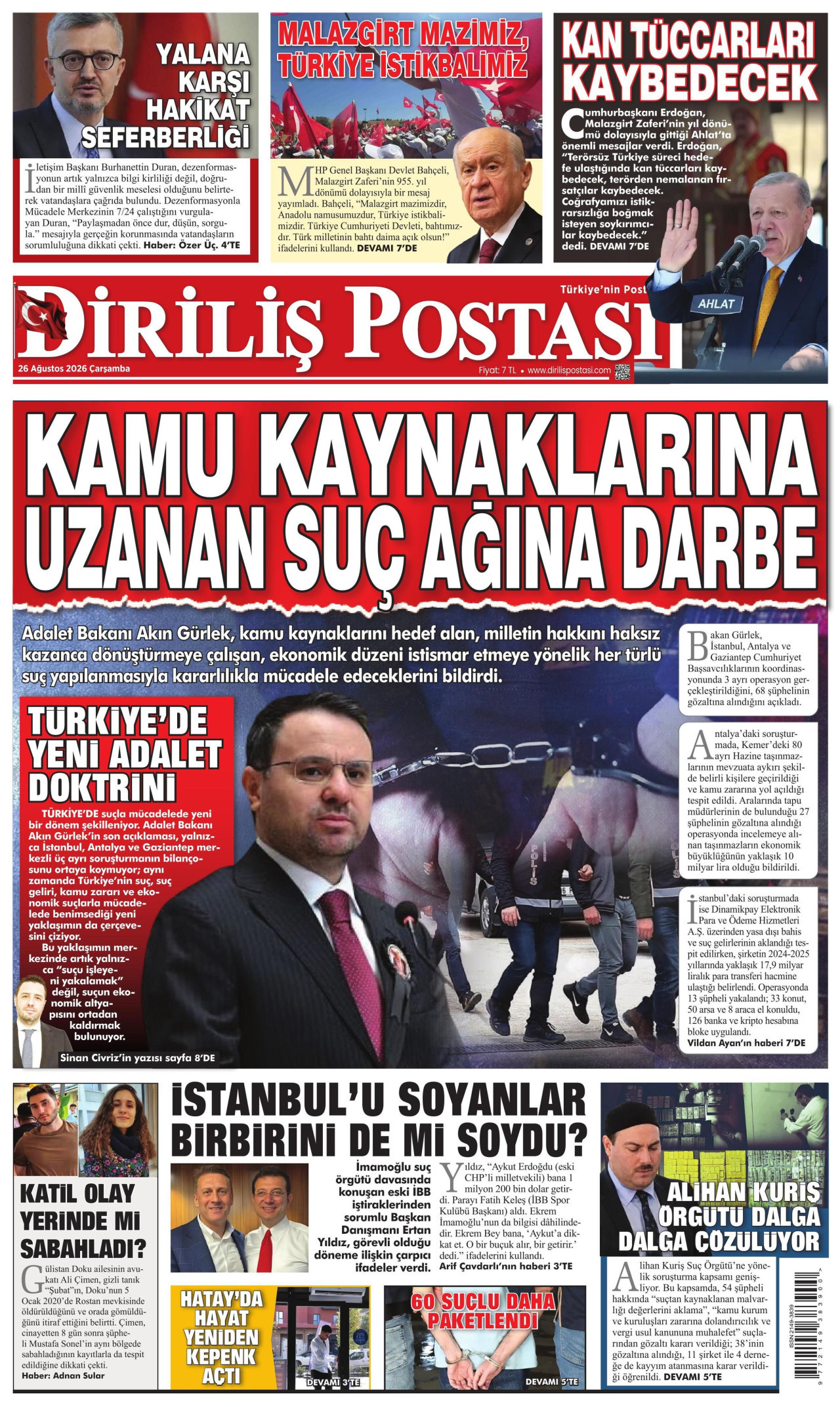DİRİLİŞ POSTASI gazetesinin 26 Ağustos 2026 tarihli birinci sayfası
