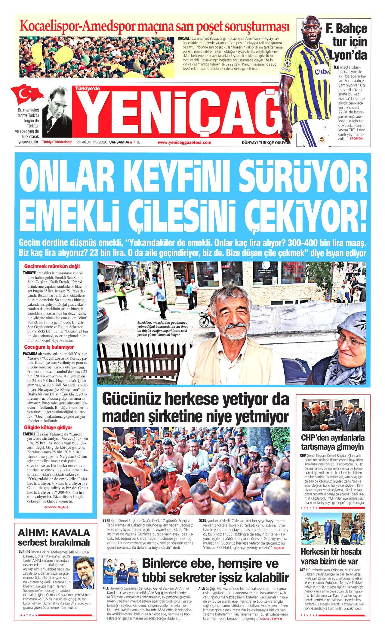 YENİÇAĞ gazetesinin 26 Ağustos 2026 tarihli birinci sayfası