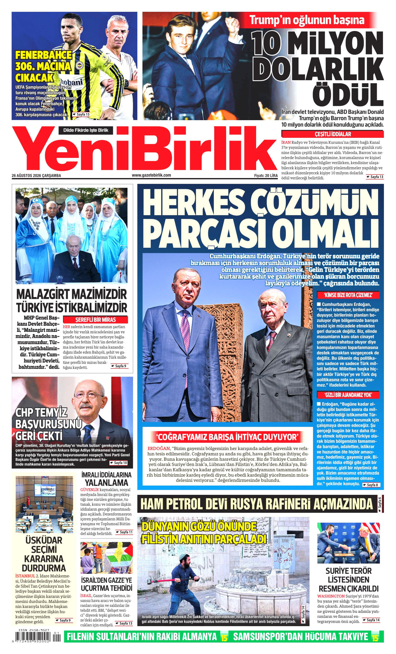 YENİBİRLİK gazetesinin 26 Ağustos 2026 tarihli birinci sayfası