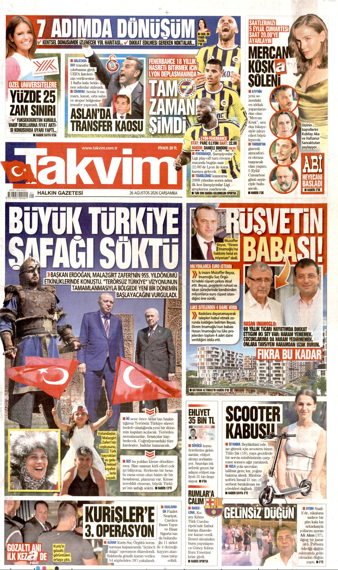 TAKVİM gazetesinin 26 Ağustos 2026 tarihli birinci sayfası