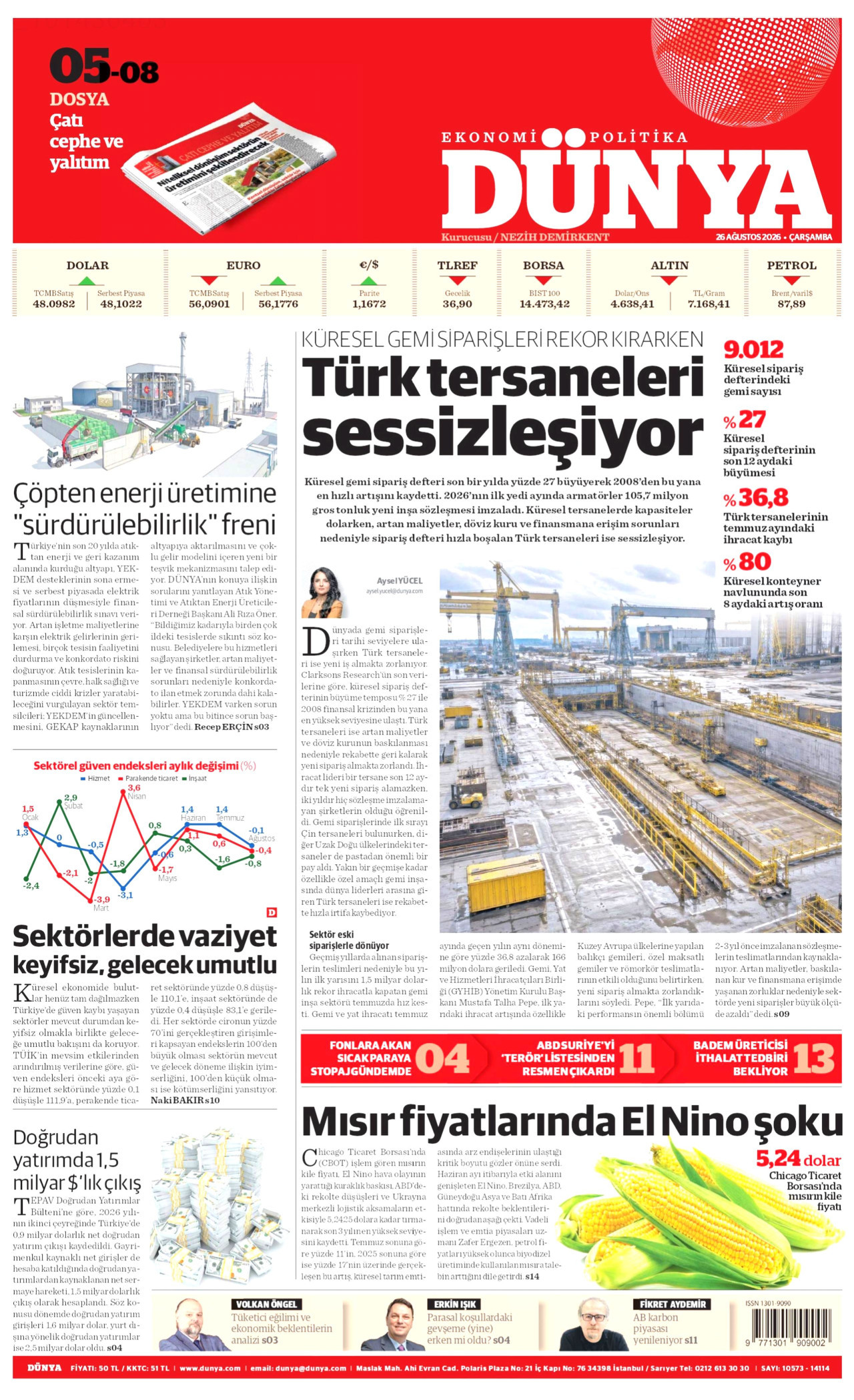 DÜNYA gazetesinin 26 Ağustos 2026 tarihli birinci sayfası