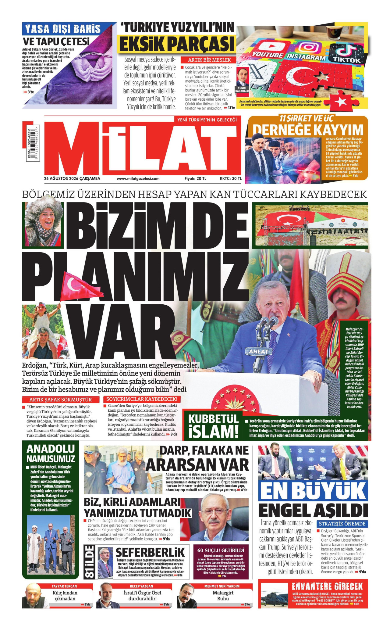 MİLAT gazetesinin 26 Ağustos 2026 tarihli birinci sayfası