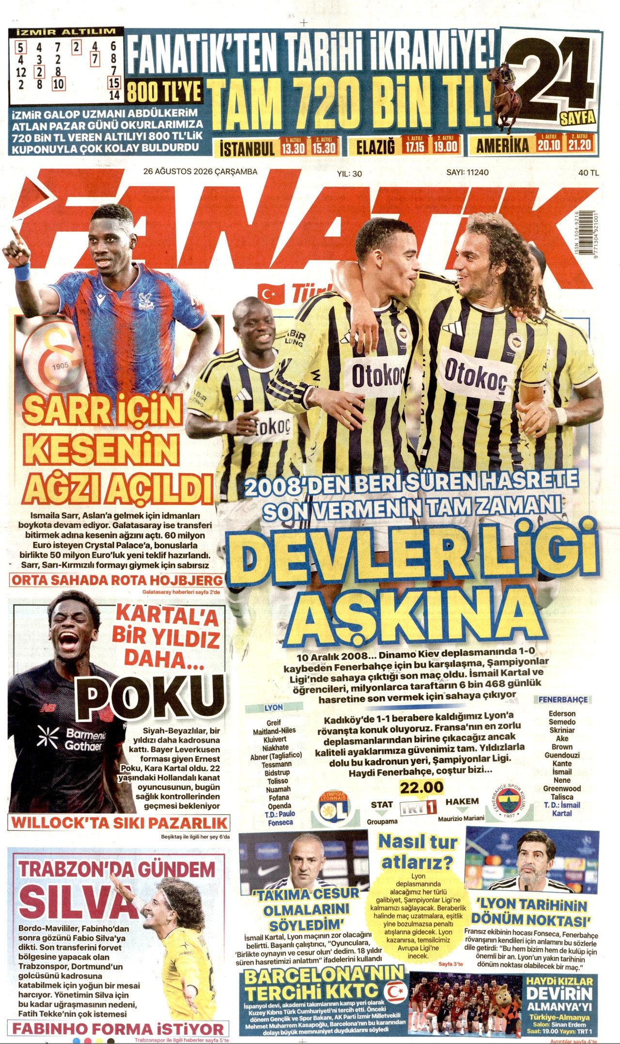 FANATİK gazetesinin 26 Ağustos 2026 tarihli birinci sayfası