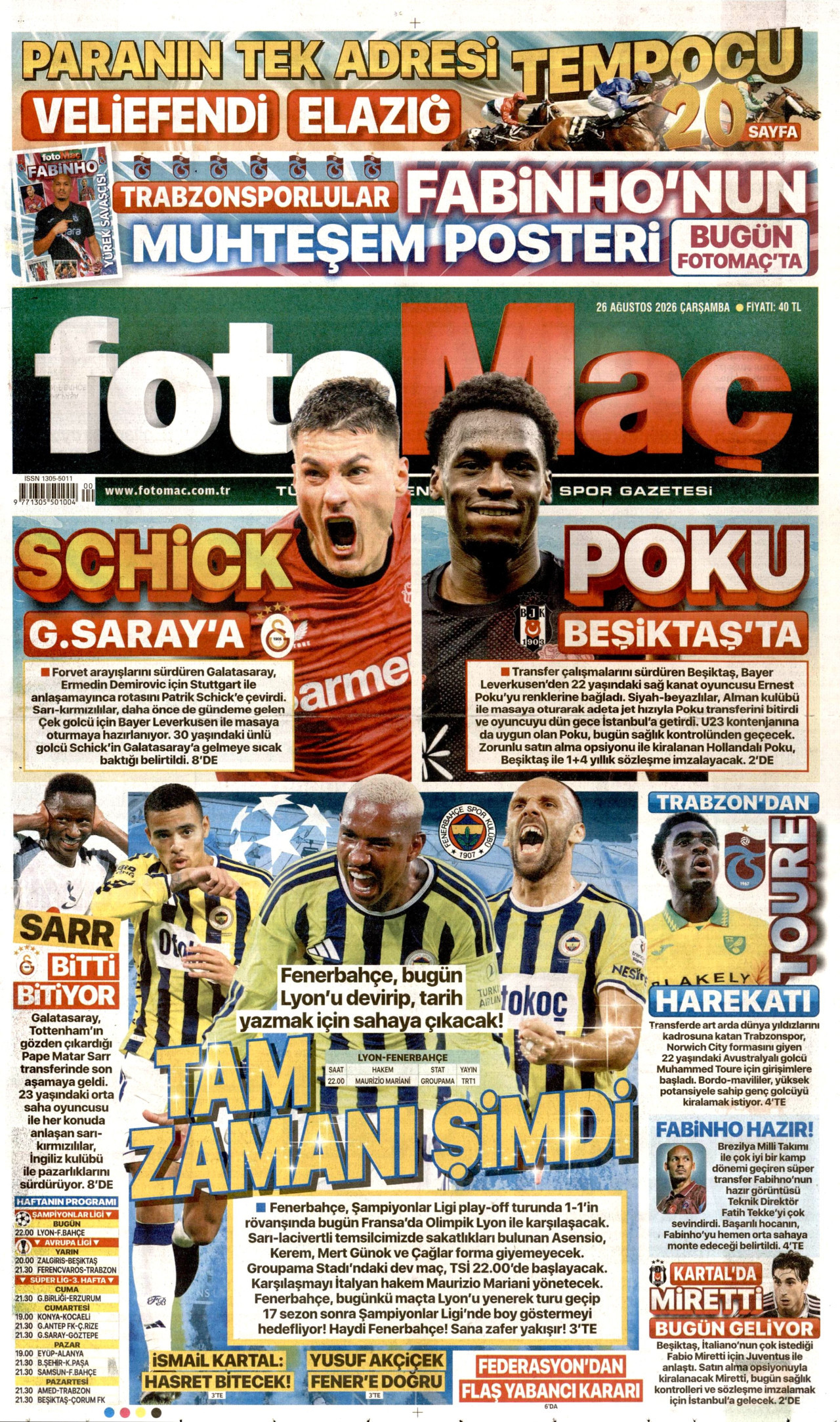 FOTOMAÇ gazetesinin 26 Ağustos 2026 tarihli birinci sayfası