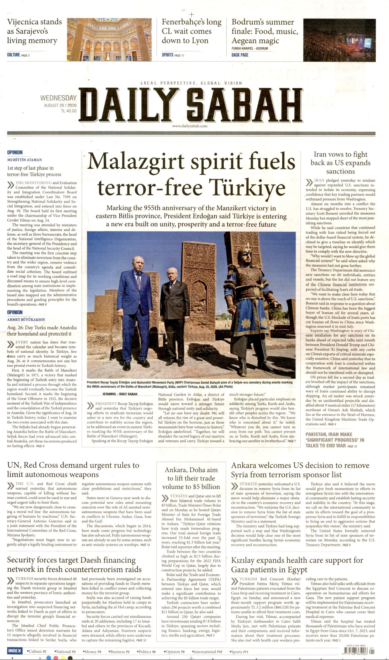 DAİLY SABAH gazetesinin 26 Ağustos 2026 tarihli birinci sayfası