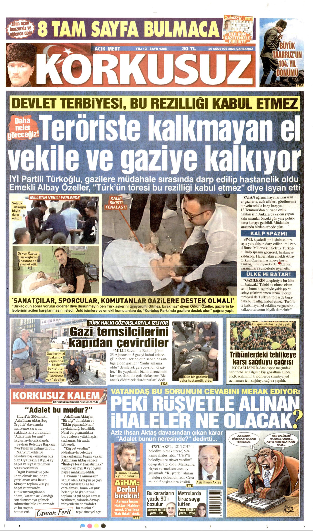KORKUSUZ gazetesinin 26 Ağustos 2026 tarihli birinci sayfası