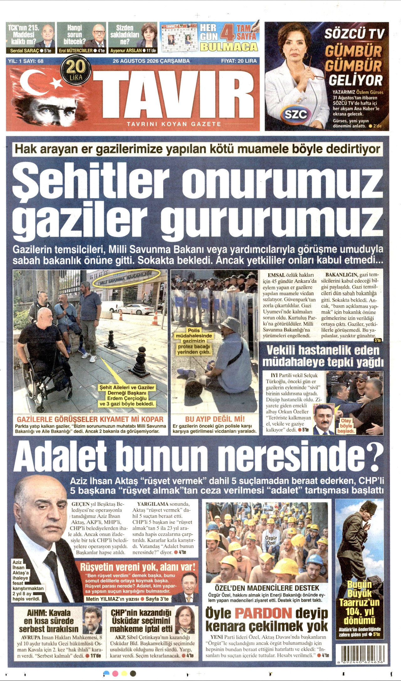 TAVIR GAZETESİ gazetesinin 26 Ağustos 2026 tarihli birinci sayfası
