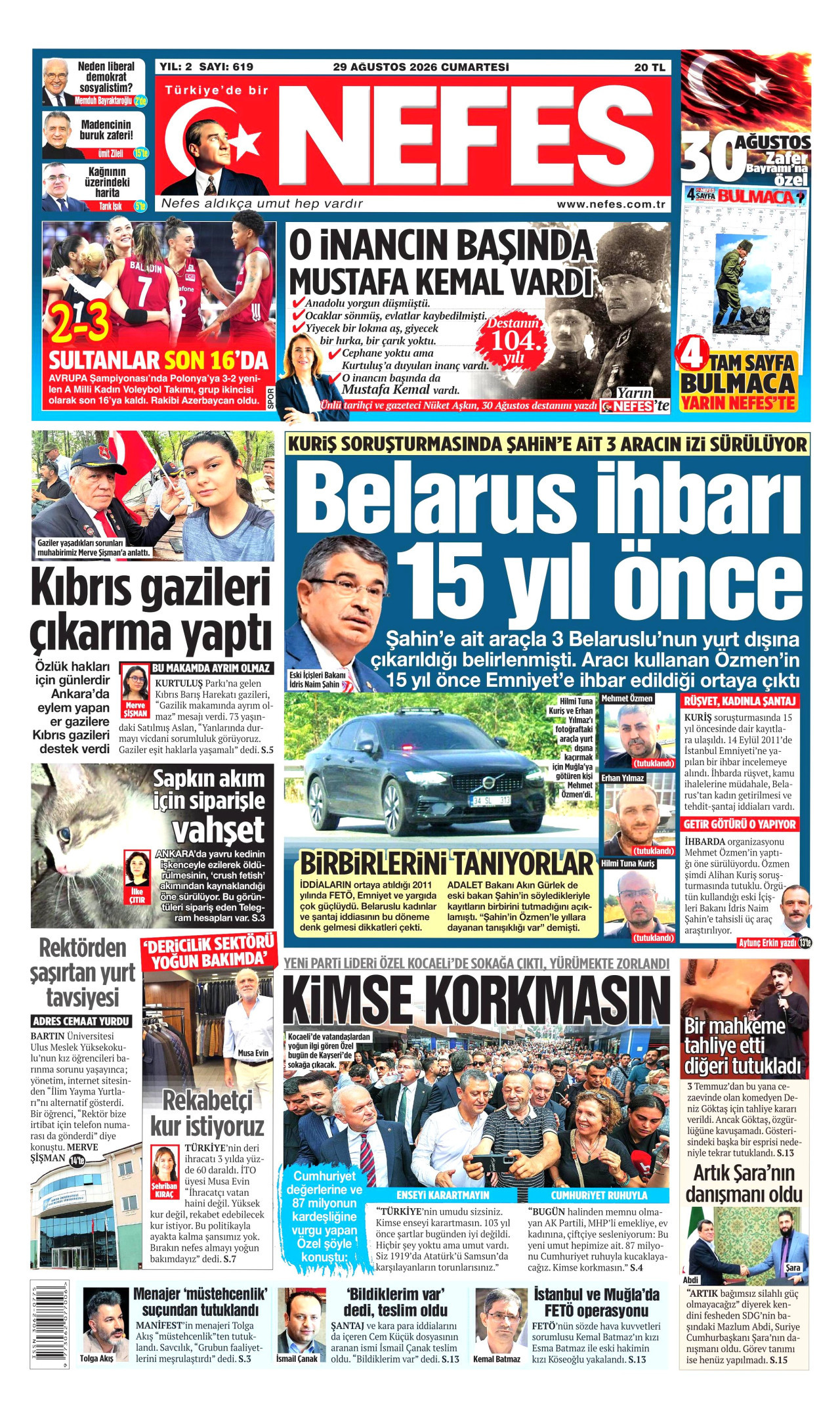 NEFES 29 Ağustos 2026 Gazete Manşeti Büyük