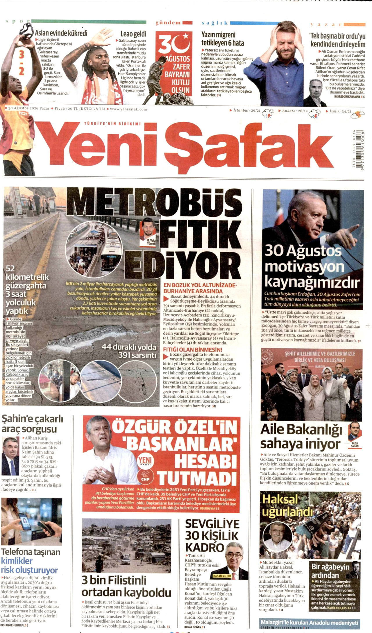 YENİ ŞAFAK 30 Ağustos 2026 Gazete Manşeti Büyük