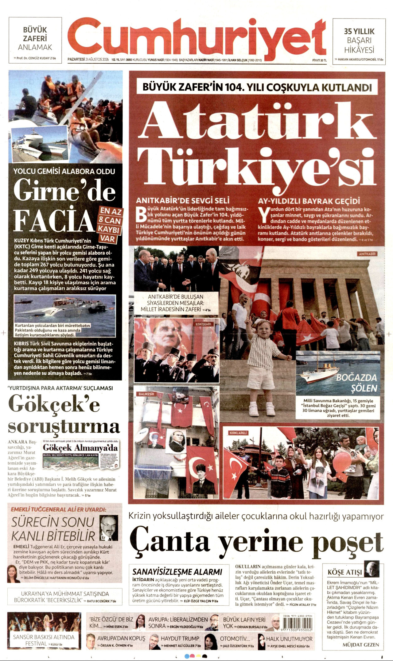 CUMHURİYET 31 Ağustos 2026 Gazete Manşeti Büyük