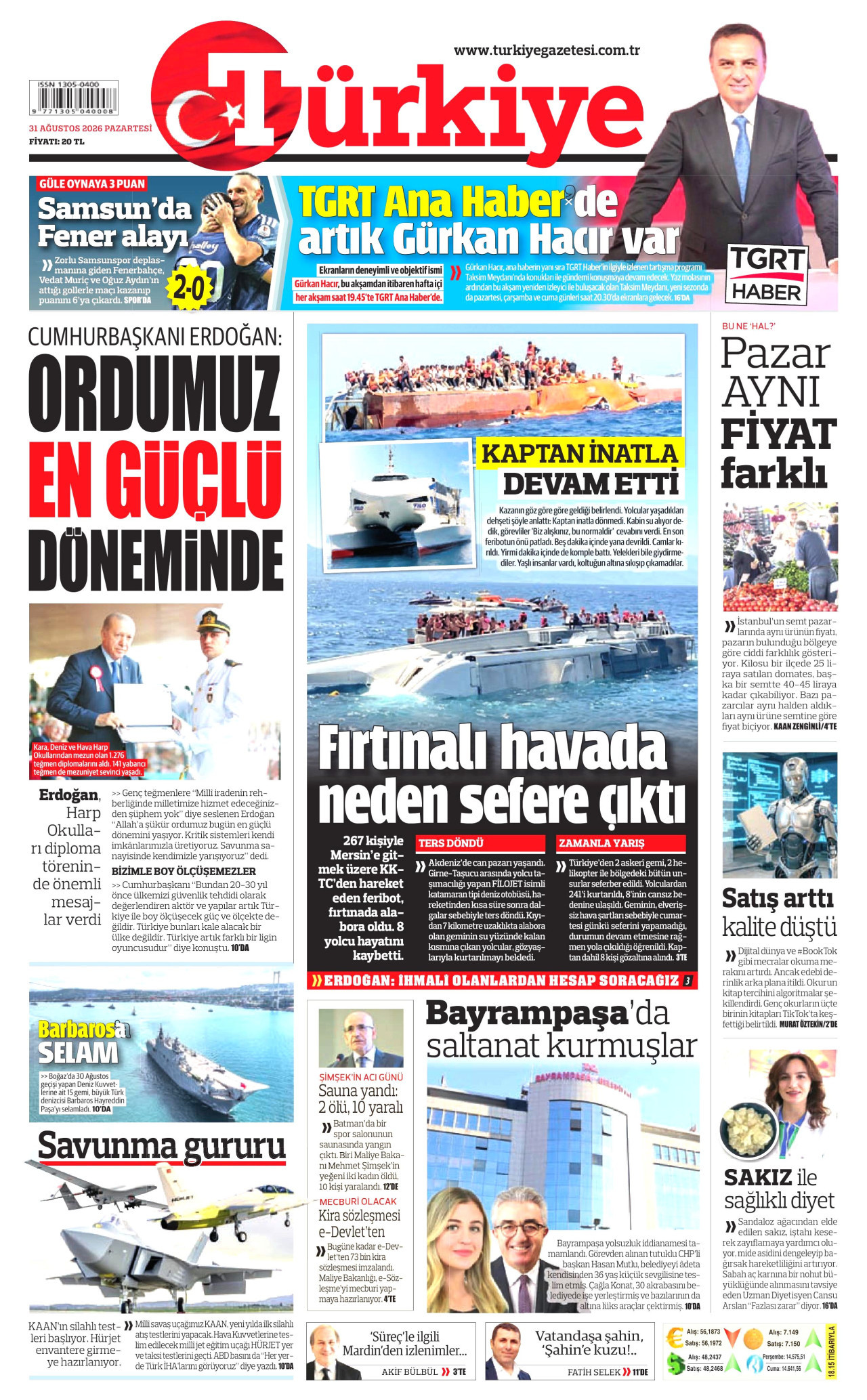 TÜRKİYE GAZETESİ 31 Ağustos 2026 Gazete Manşeti Büyük