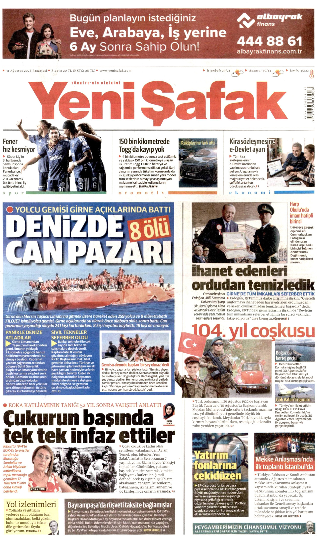 YENİ ŞAFAK 31 Ağustos 2026 Gazete Manşeti Büyük