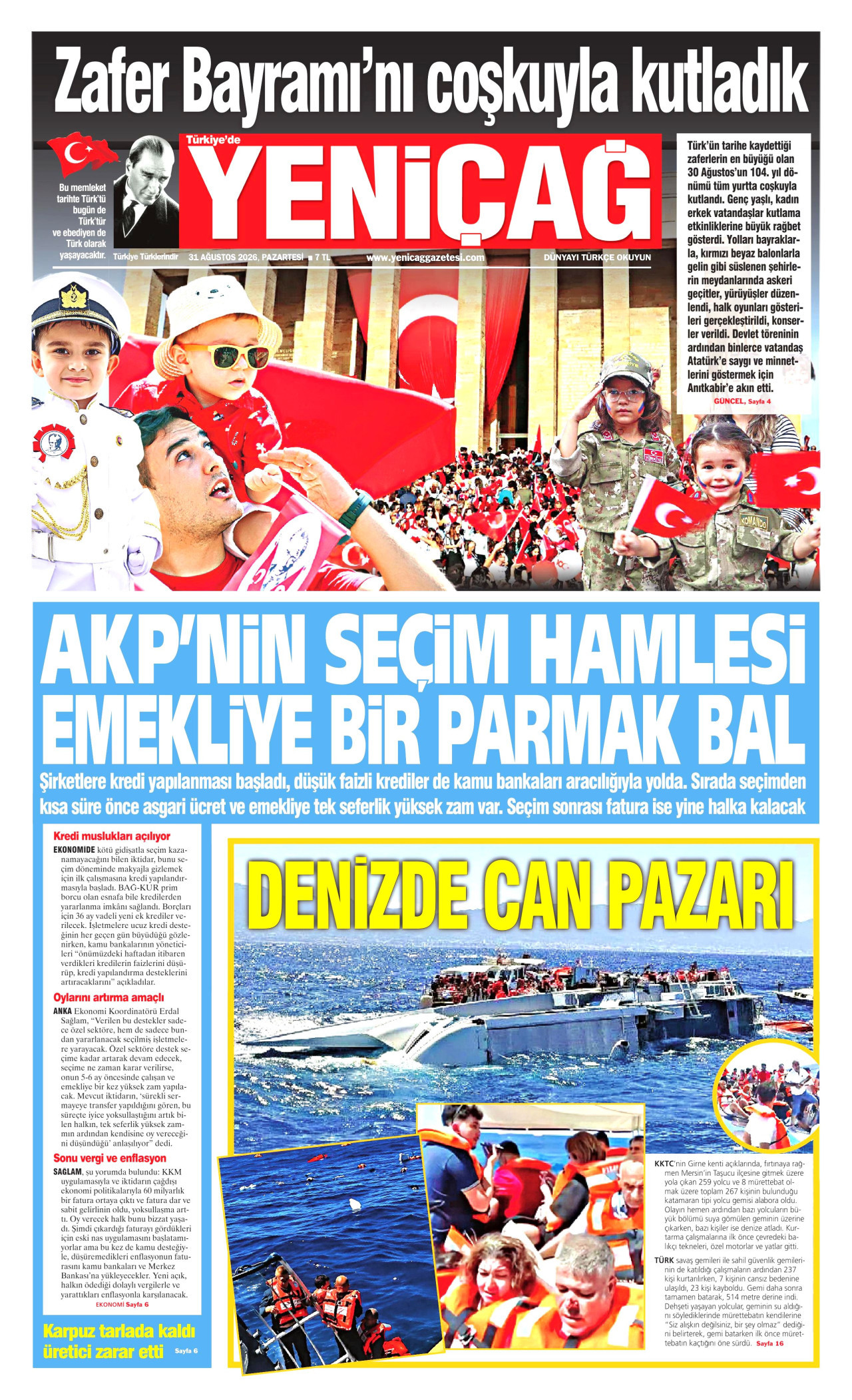 YENİÇAĞ 31 Ağustos 2026 Gazete Manşeti Büyük