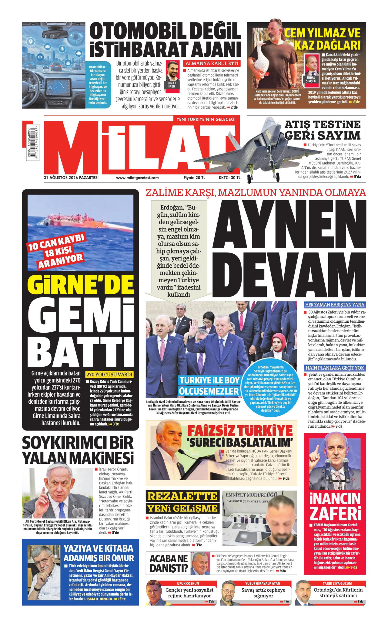 MİLAT 31 Ağustos 2026 Gazete Manşeti Büyük