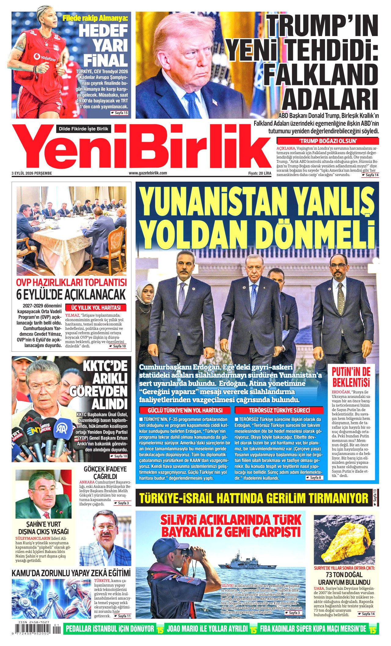YENİBİRLİK 3 Eylül 2026 Gazete Manşeti Büyük