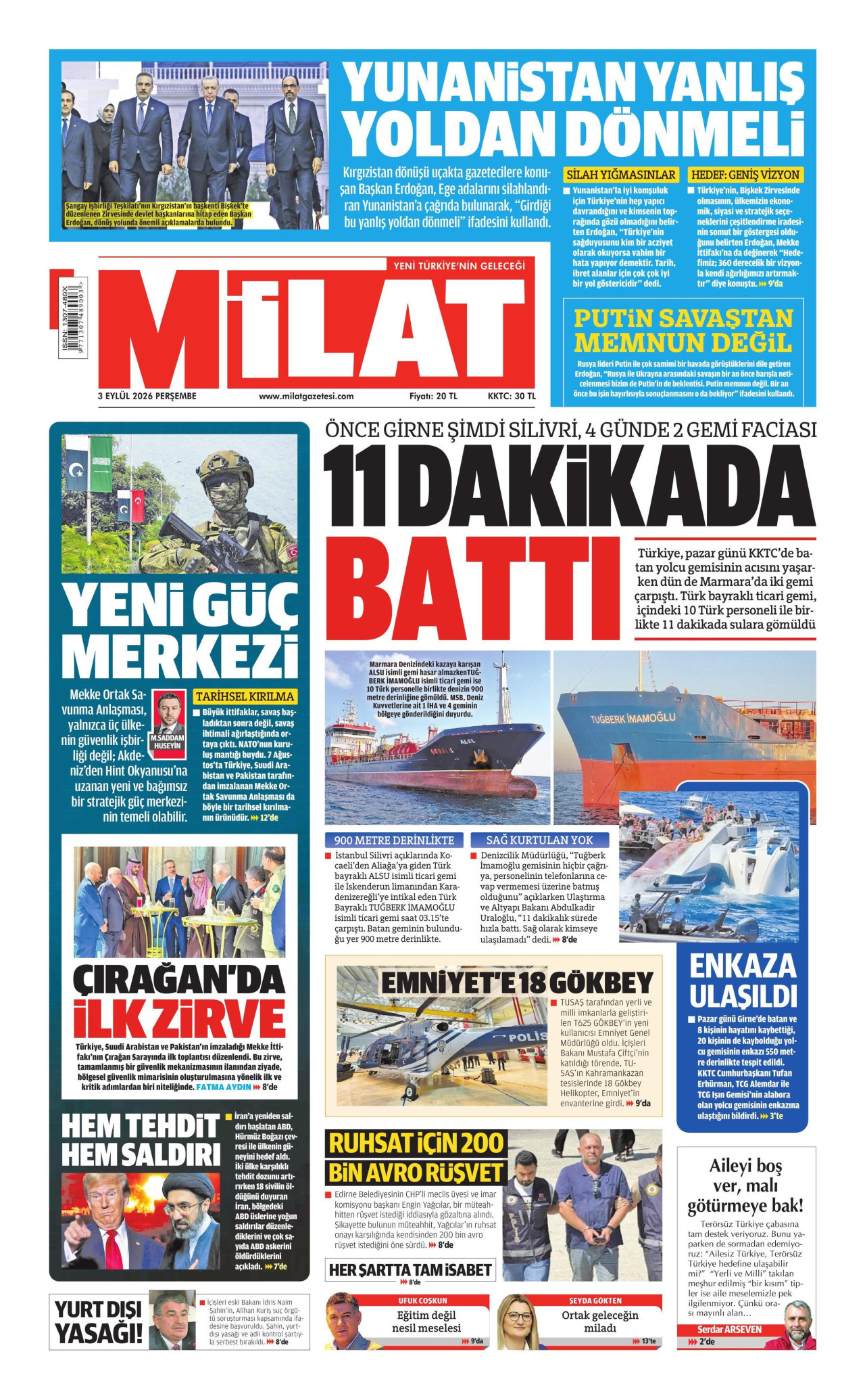 MİLAT 3 Eylül 2026 Gazete Manşeti Büyük