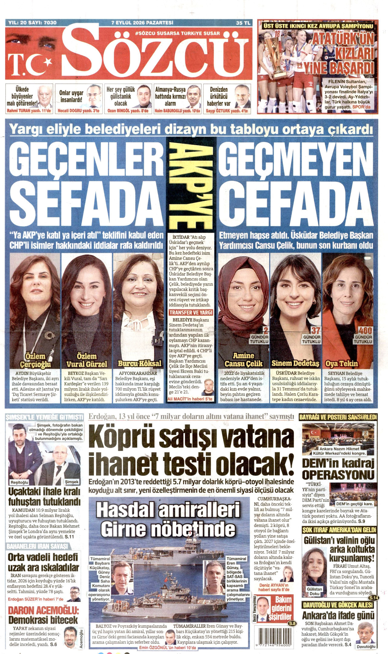 SÖZCÜ 7 Eylül 2026 Gazete Manşeti Büyük