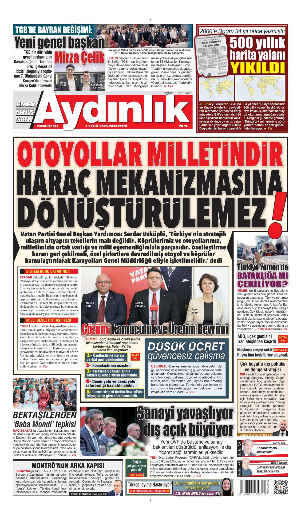 AYDINLIK GAZETESİ 7 Eylül 2026 Gazete Manşeti Büyük