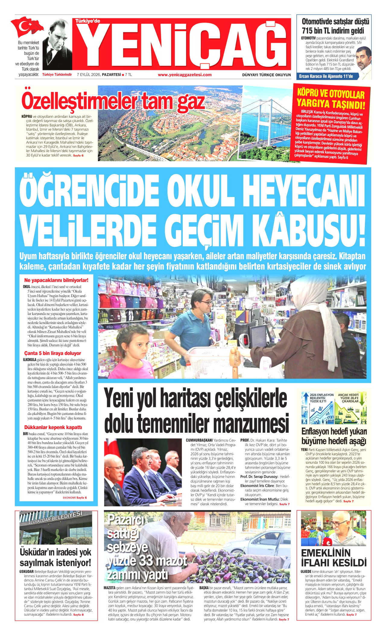 YENİÇAĞ 7 Eylül 2026 Gazete Manşeti Büyük