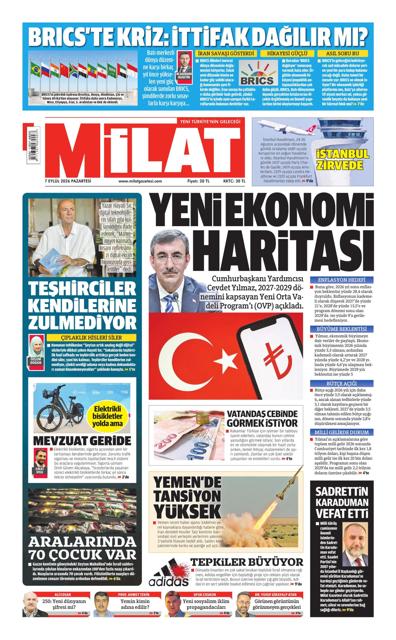 MİLAT 7 Eylül 2026 Gazete Manşeti Büyük