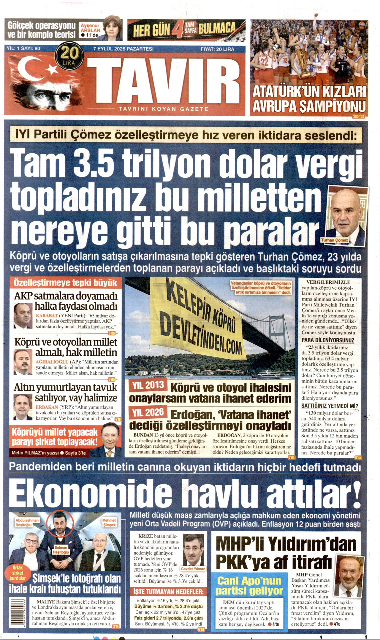 TAVIR GAZETESİ 7 Eylül 2026 Gazete Manşeti Büyük
