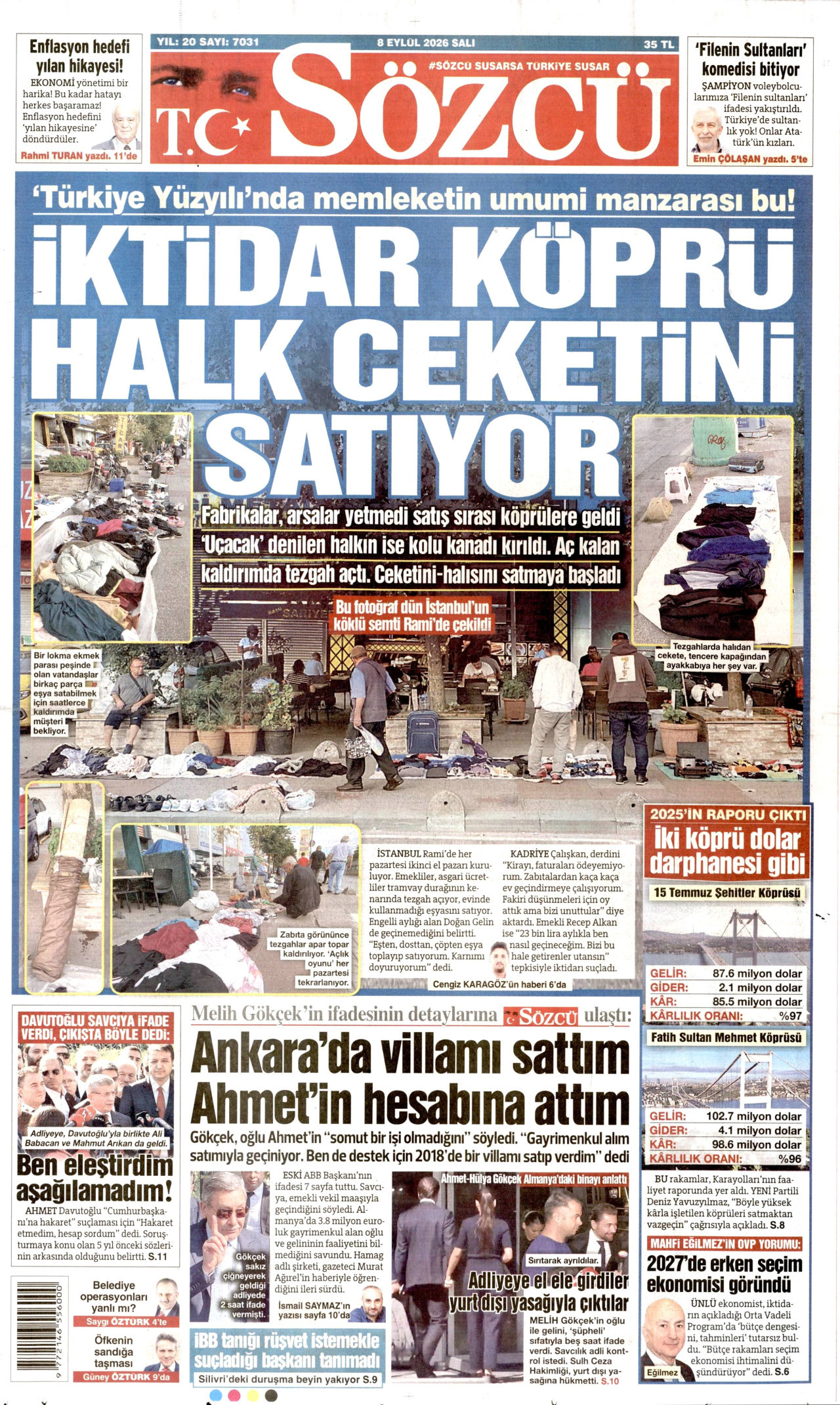 SÖZCÜ 8 Eylül 2026 Gazete Manşeti Büyük