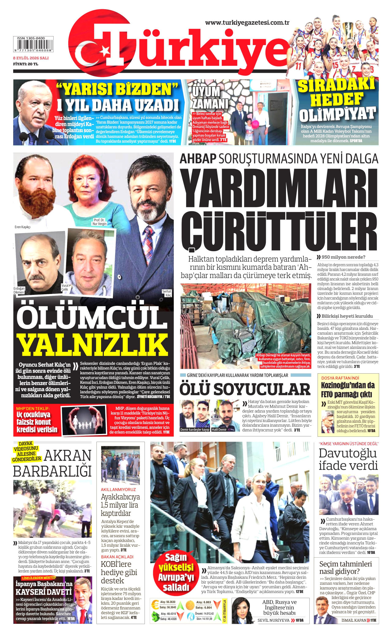 TÜRKİYE GAZETESİ 8 Eylül 2026 Gazete Manşeti Büyük