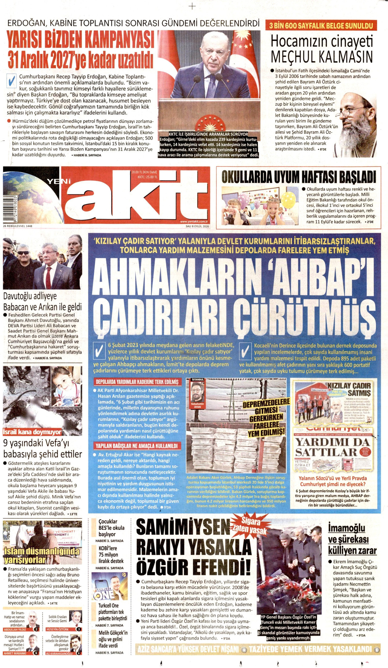 YENİ AKİT 8 Eylül 2026 Gazete Manşeti Büyük