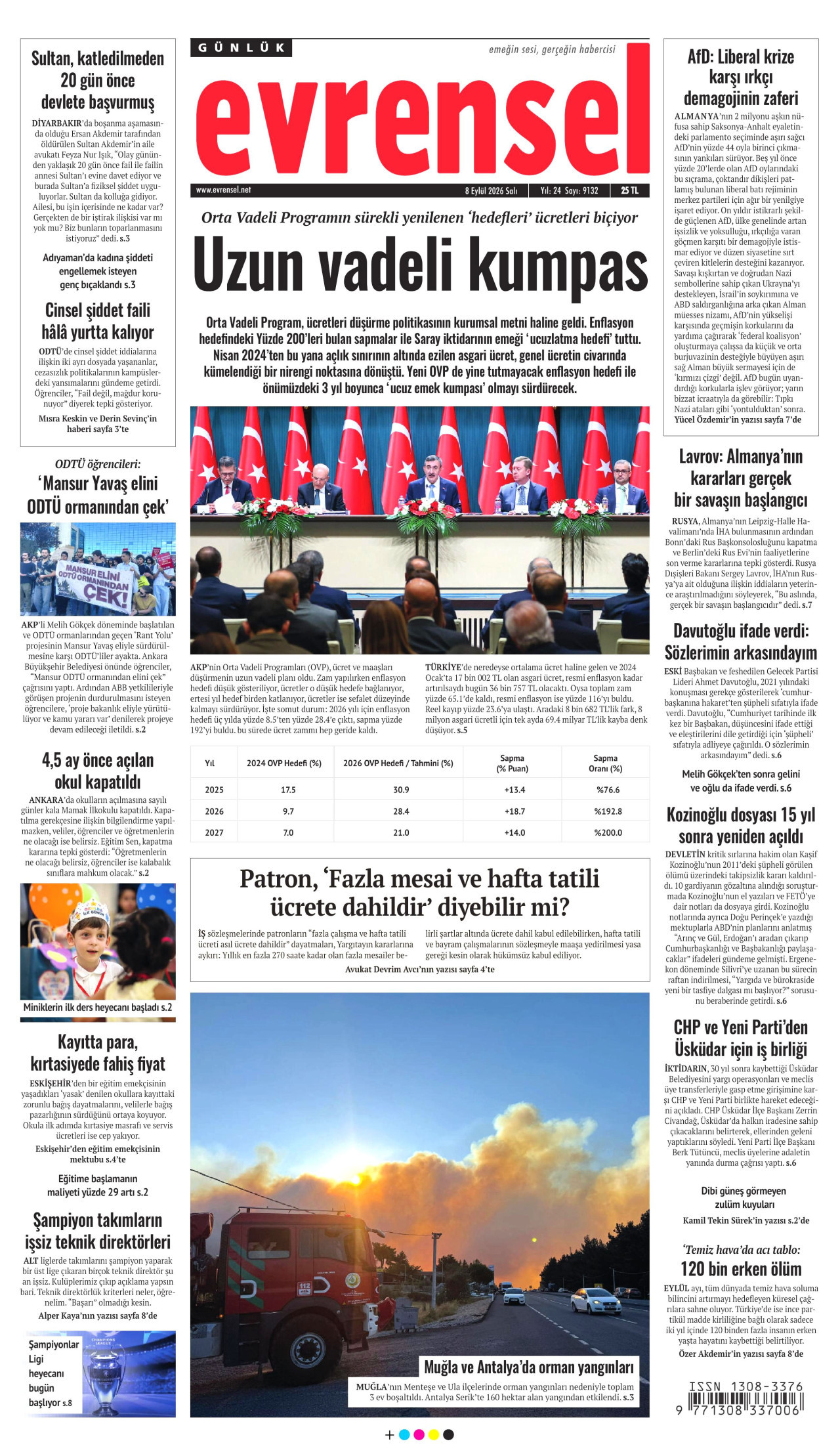 EVRENSEL 8 Eylül 2026 Gazete Manşeti Büyük