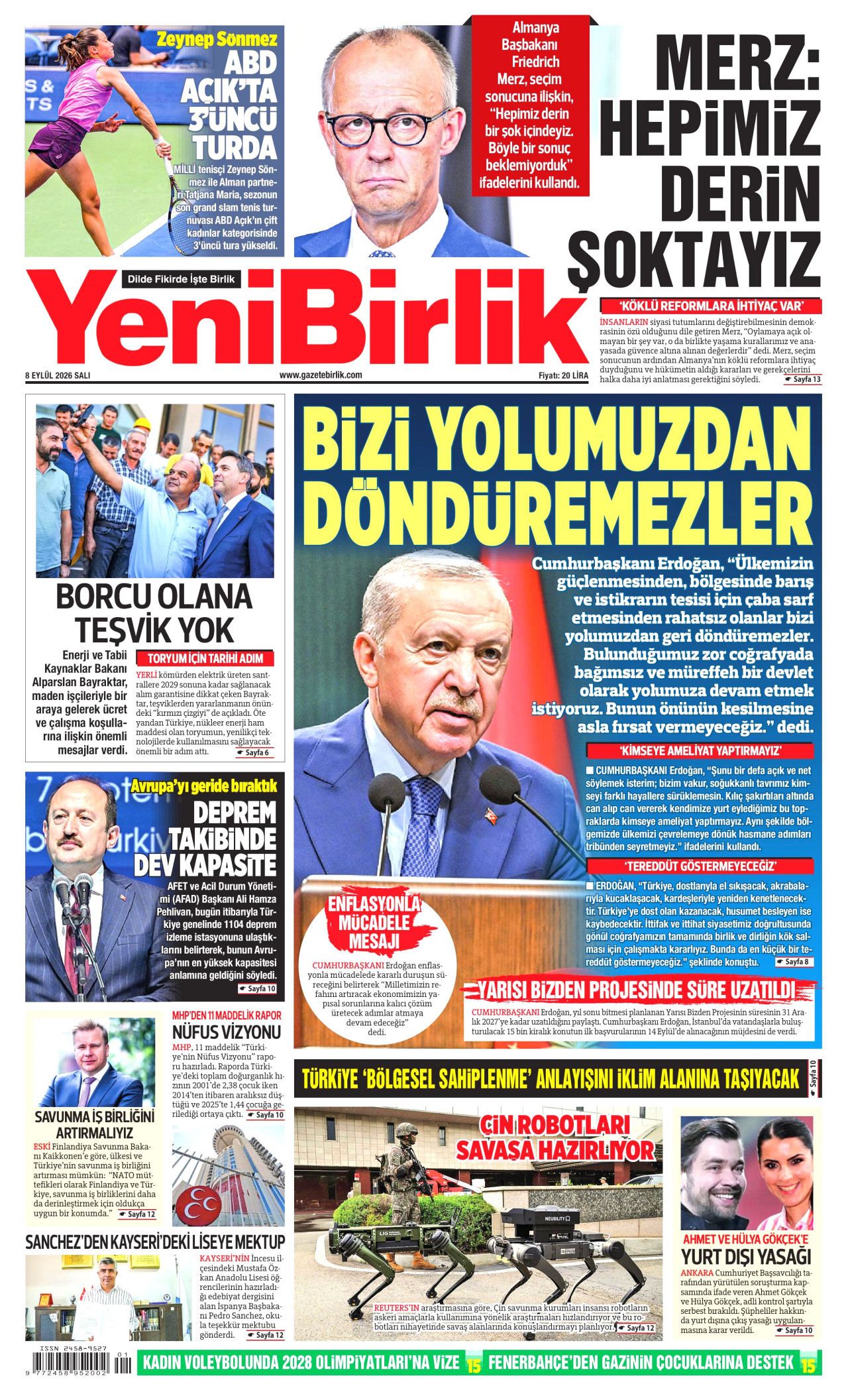 YENİBİRLİK 8 Eylül 2026 Gazete Manşeti Büyük