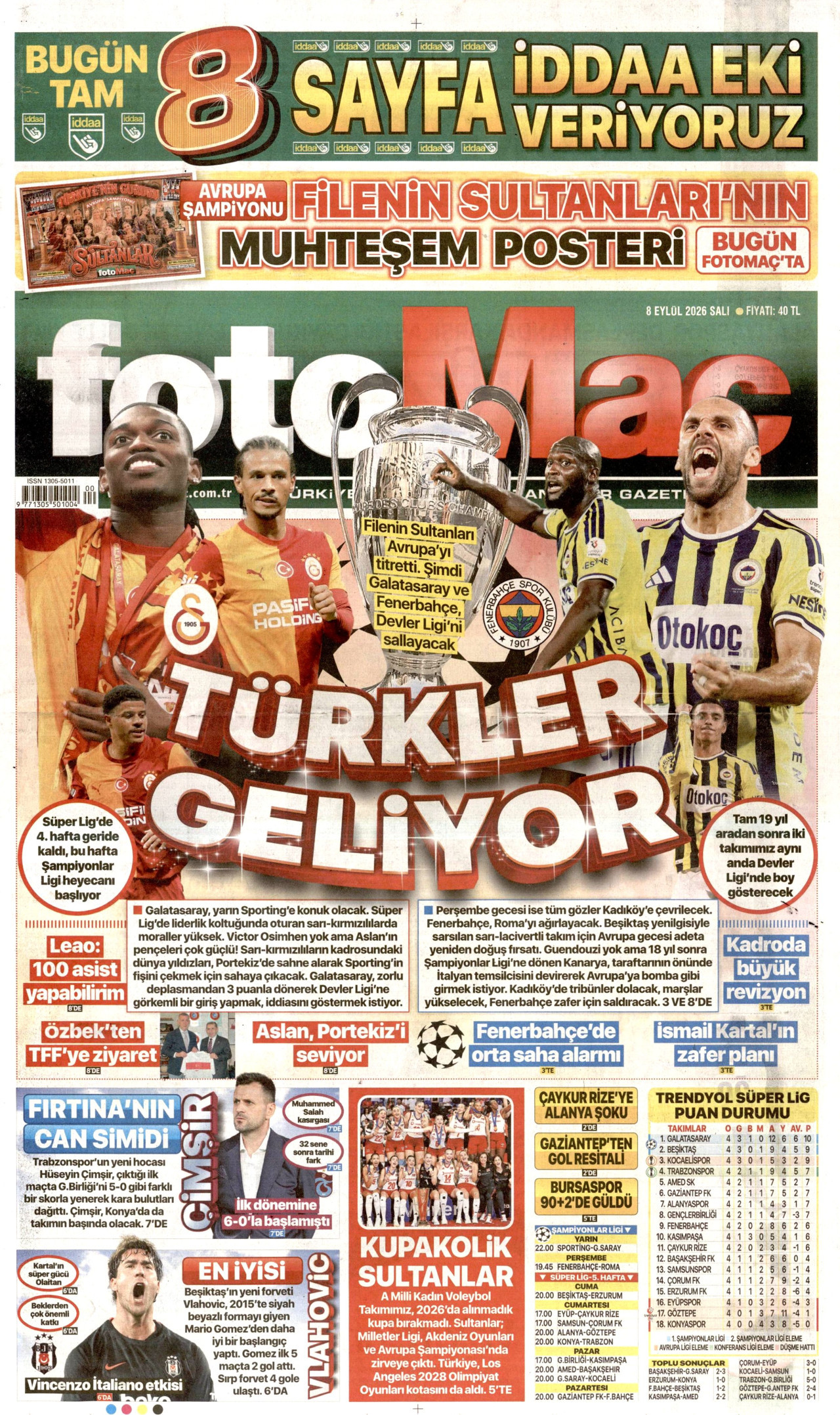 FOTOMAÇ 8 Eylül 2026 Gazete Manşeti Büyük