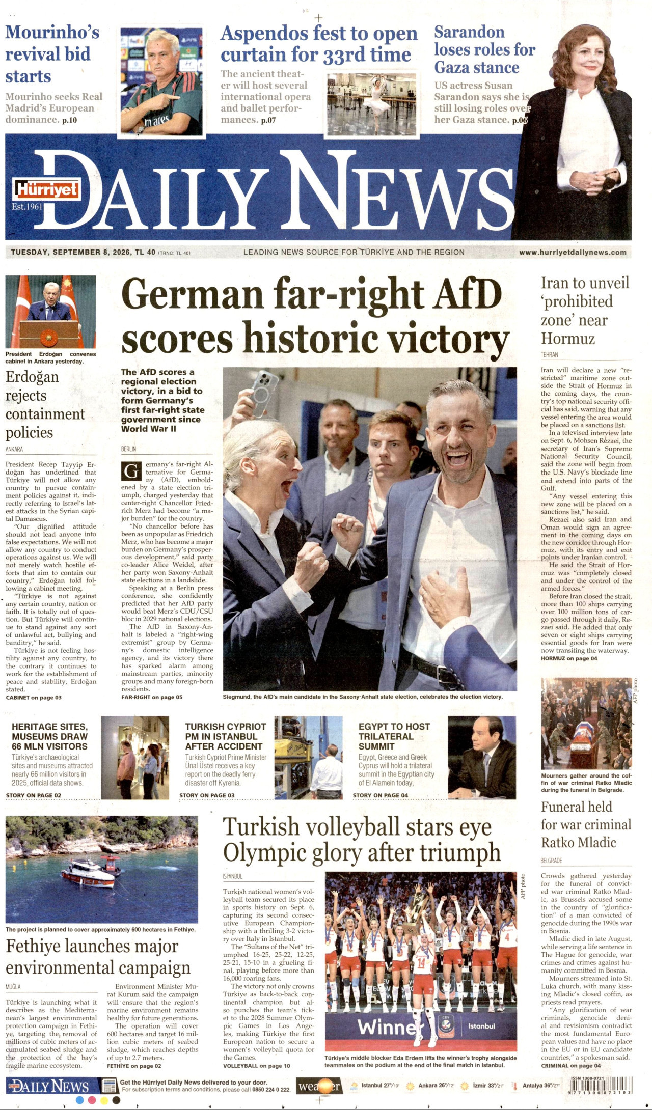HÜRRİYET DAİLY NEWS 8 Eylül 2026 Gazete Manşeti Büyük