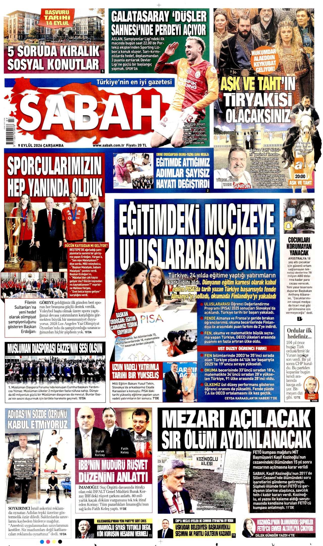 SABAH 9 Eylül 2026 Gazete Manşeti Büyük